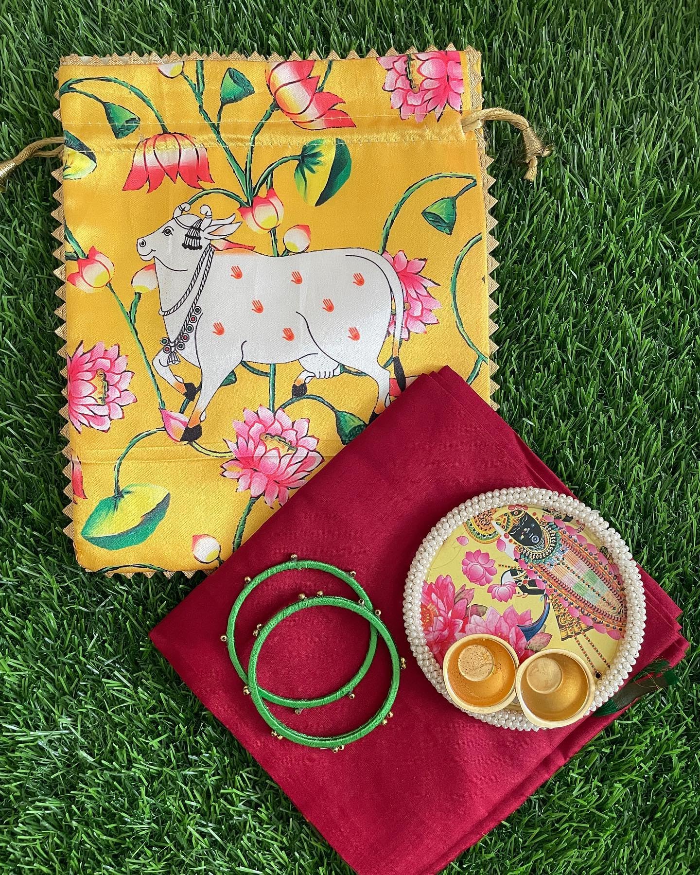 Luxury Silk Cow Print Potli Bags for Women - Elegant Dry Fruit Gift Bags, Wedding Shagun Pouches & Baby Shower Return Gifts | Perfect for Indian Festivals, Bridal Accessories & Special Occasion Gift Packaging