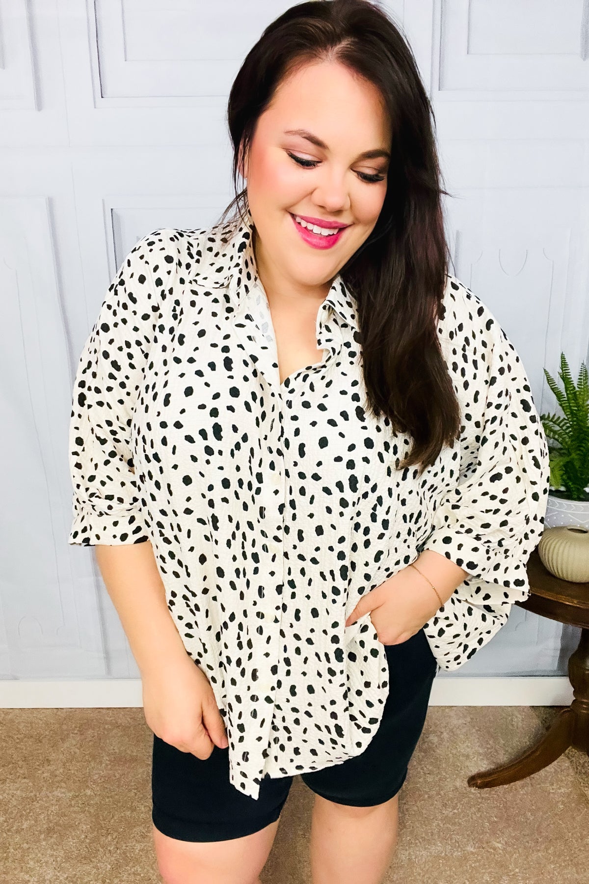 Stylish Ivory Leopard Print Button Down Oversized Blouse for Women | Trendy Casual Shirt for Everyday Wear, Office, and Night Out