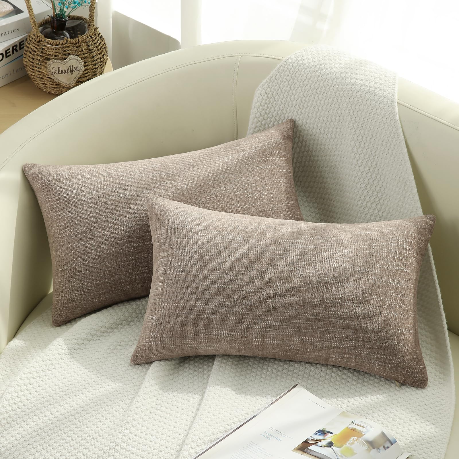 decorUhome Chenille Decorative Throw Pillow Covers 12x20 (Set of 2) - Farmhouse Textured Lumbar Pillow Covers for Couch, Sofa & Bed - Soft Khaki Home Decor for Living Room, Bedroom & Dorm - Perfect for Cozy Reading Nooks and Farmhouse Style Decor