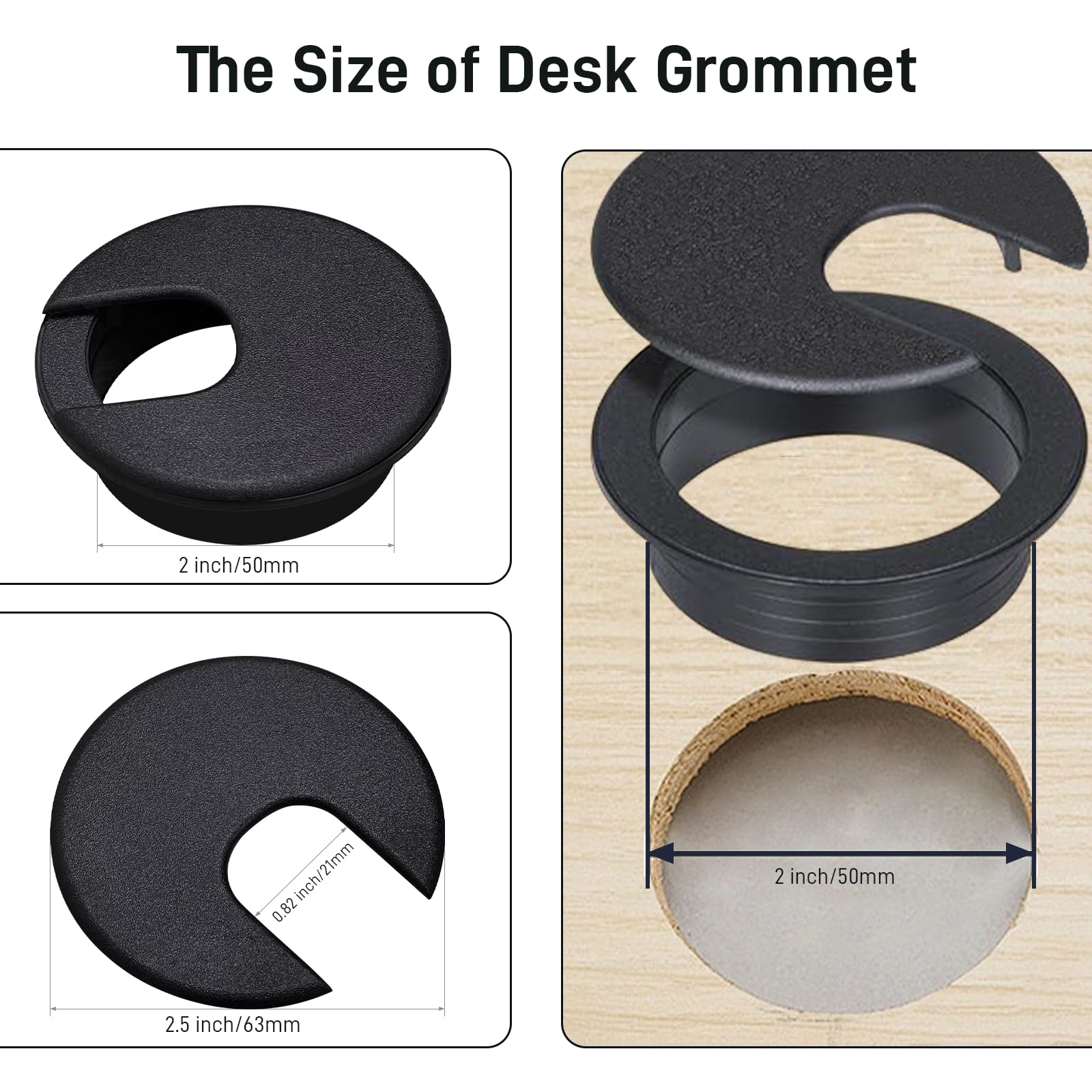 2 Inch Black ABS Plastic Desk Grommet - 4 Pack Durable Detachable Cable Hole Cover for Home & Office Desks - Perfect for Organizing Computer Wires, Monitor Cables & Power Cords Under Workstations