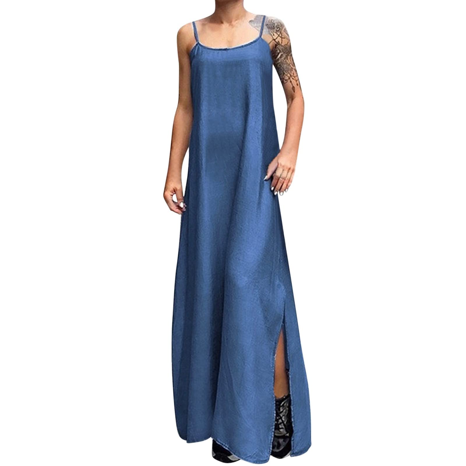 Women's Classic Blue Long Sleeve Maxi Denim Dress - Adjustable Sling Sexy Long Dress for Casual Outings, Date Nights & Special Occasions