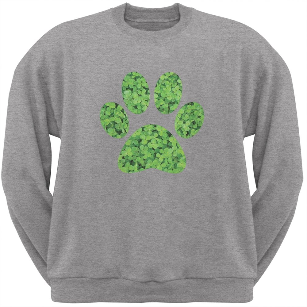 Animal World St. Patrick's Day Dog Paw Print Heather Grey Pullover Sweatshirt for Adults - Perfect for Irish-Themed Parties & Casual Wear