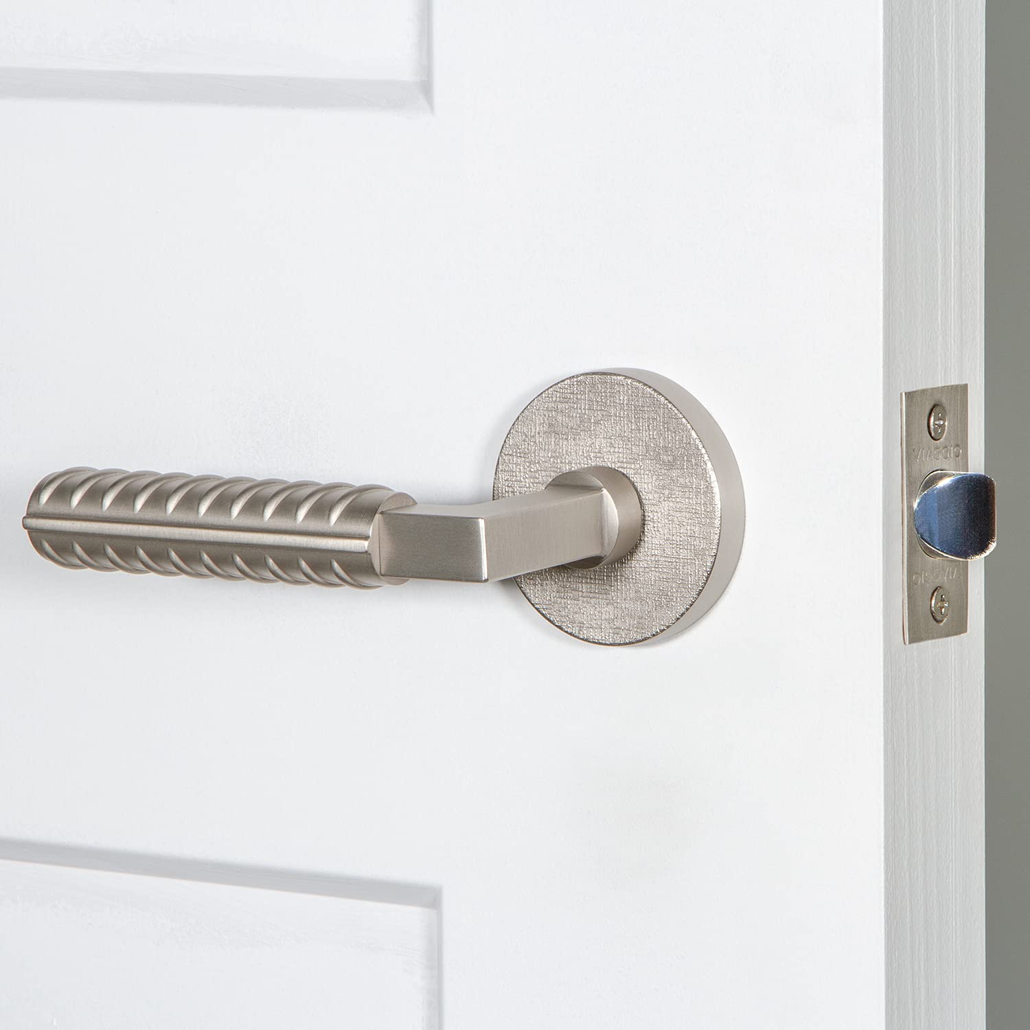 Viaggio Circolo Linen Rosette Passage Door Handle with Contemporary Rebar Lever in Satin Nickel Finish - Left Handed for Interior Doors | Perfect for Modern Homes and Office Spaces
