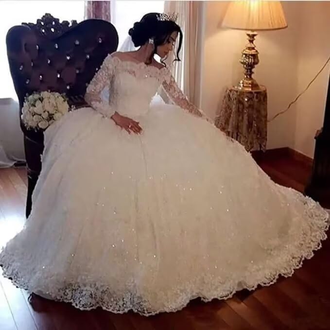 XYAYE Off Shoulder Lace Wedding Dress with Sequins - Elegant Long Sleeve Bridal Gown for Beach Summer Weddings, Boho Bride Dress for Outdoor Ceremony & Photoshoot