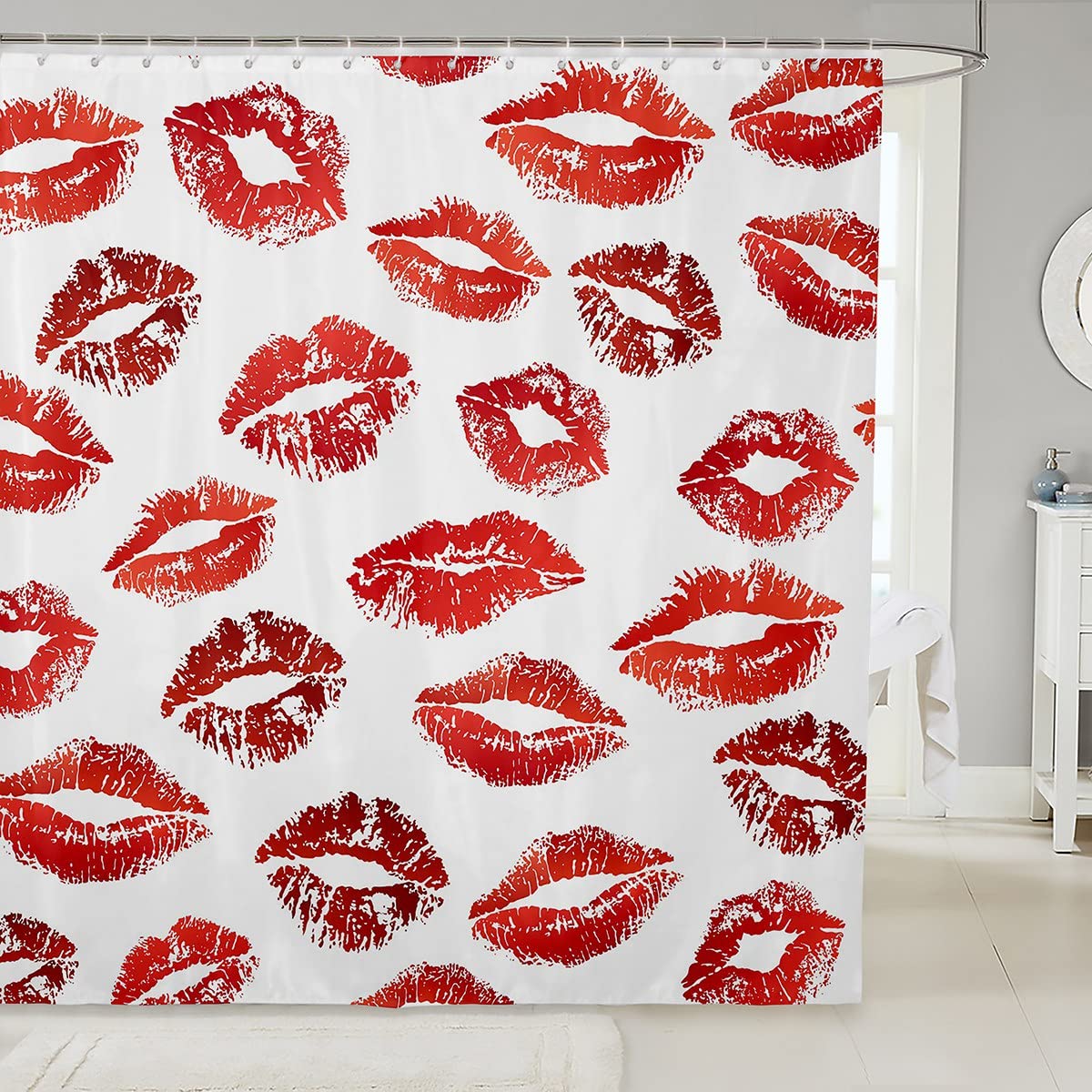 Red Lips Shower Curtain Set - 72x78 Inch Kiss Print Bath Curtain with Lipstick Design, Sexy Mouth Decor for Valentine's Day, Bathroom Accessories for Women & Kids - Perfect for Romantic Bathrooms, Themed Decor, and Gift Ideas