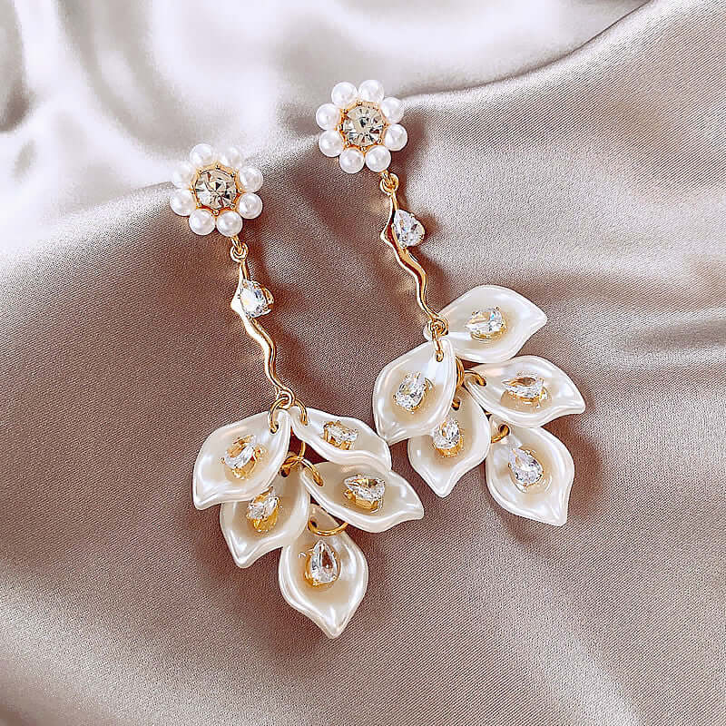 Pearl Petal Drop Earrings N2393 - Elegant Floral Dangle Earrings for Women, Perfect for Weddings, Parties & Special Occasions