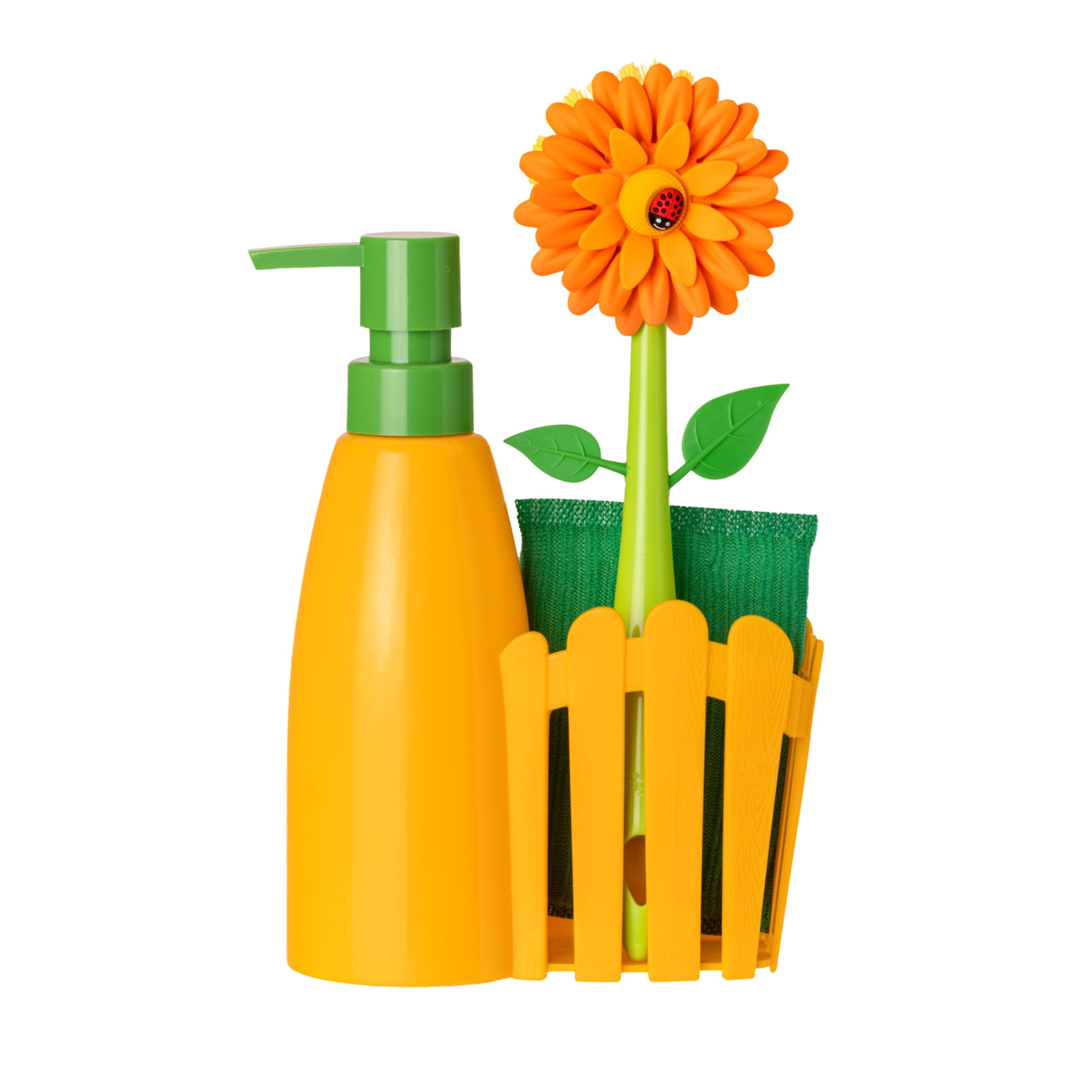 Vigar Flower Power Kitchen Soap Dispenser Set with Sponge Caddy & Dish Brush | Orange & Green Sink Organizer for Efficient Dishwashing