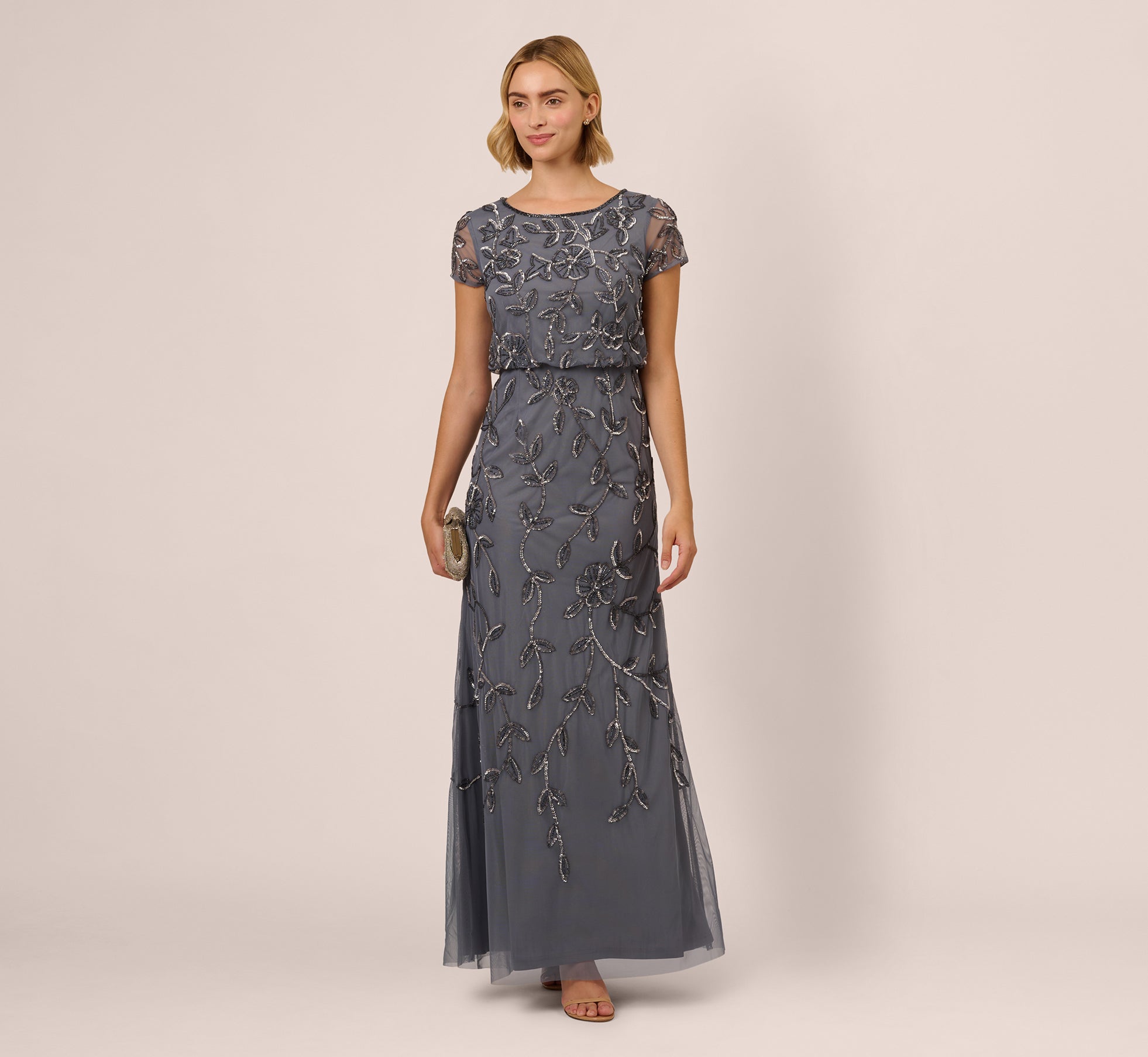 Elegant Dusty Blue Jasmine Beaded Blouson Gown with Sheer Short Sleeves - Perfect for Weddings, Evening Parties & Special Occasions