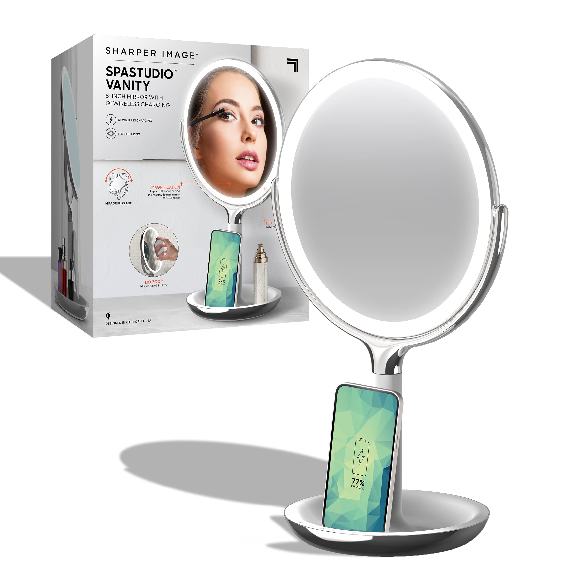 Sharper Image SpaStudio Vanity 8-inch Mirror with Built-in Qi Wireless Phone Charger, 5X & 10X Magnification - Perfect for Makeup, Skincare & Grooming at Home or Salon