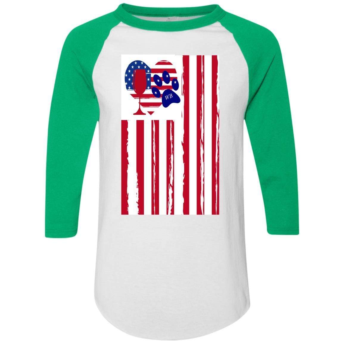 American Flag Wine Glass with Paw Heart Design - Colorblock Raglan Jersey for Women | Perfect for Patriotic Parties, BBQ Gatherings & Wine Lovers
