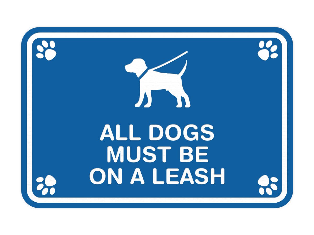 Vintage Style 'All Dogs Must Be On A Leash' Metal Sign with Paw Print Design - Blue, Medium (12x8 Inches) - Perfect for Dog Parks, Vet Clinics & Backyard Fencing