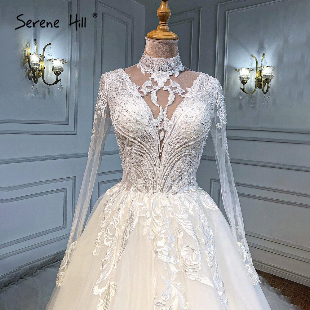 Serene Hill Muslim Ivory Luxury Wedding Dress 2025 - A-Line Beaded Bridal Gown HA2499 | Custom Made Modest Islamic Wedding Dress for Bride | Perfect for Muslim Ceremonies, Nikah & Luxury Weddings