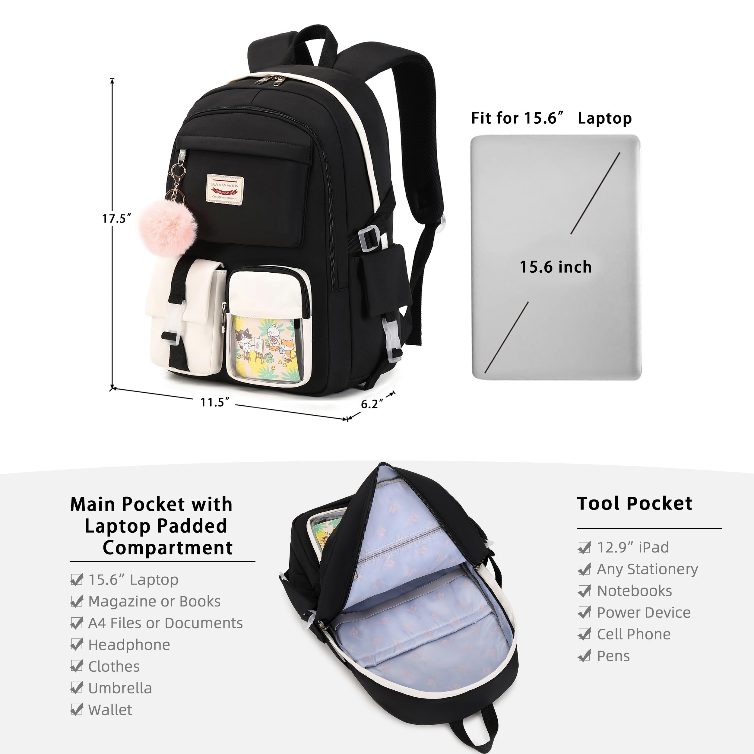 **Shadow Vision Cute School Backpack for Girls & Teens - Lightweight Bookbag for Middle & High School, College, Travel & Daily Use (Black)**