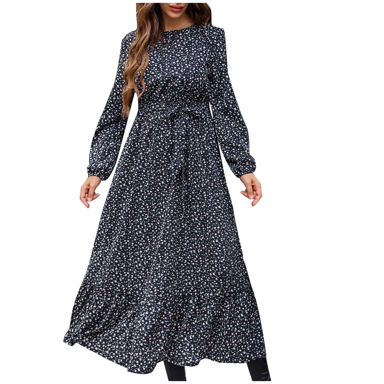 YZHM Women's Floral Printed Fall Maxi Dress - Long Sleeve Tie Waist Loose Comfortable Long Dress with Crewneck - Perfect for Casual Outings, Autumn Weddings & Boho Style Fashion