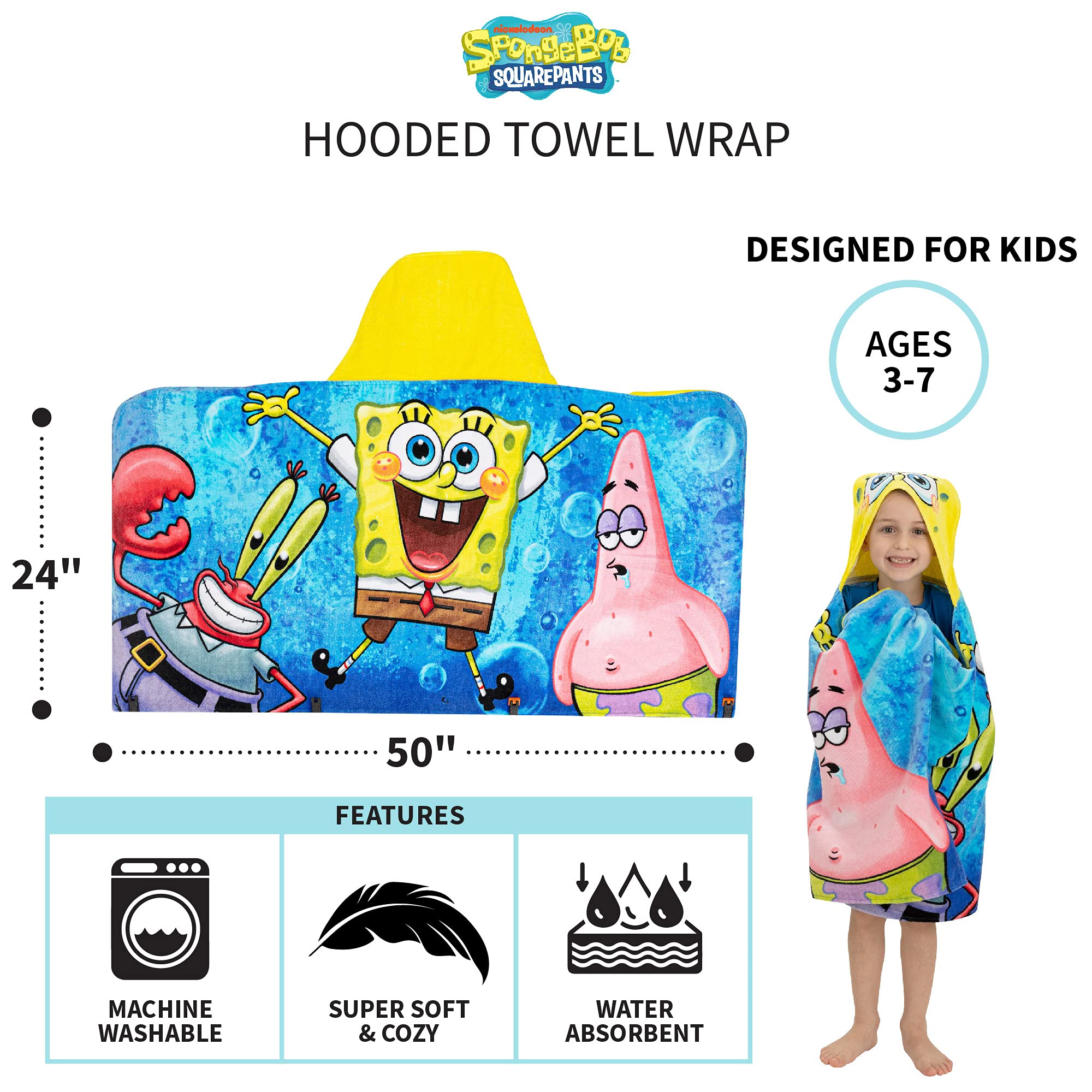 SpongeBob SquarePants Kids Hooded Towel Wrap - Soft Cotton Terry Bath & Beach Towel (24x50 inches) for Boys & Girls - Perfect for Swimming, Pool, Beach & After Bath