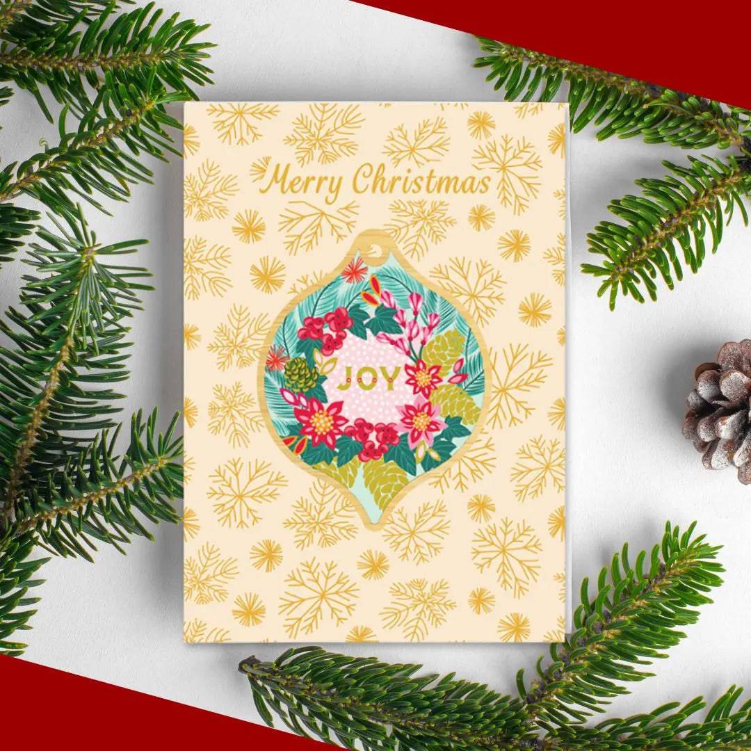 Joy Christmas Card & Wooden Bauble Set - Handmade Holiday Greeting Cards with Wood Ornaments for Xmas Tree Decorations - Perfect for Holiday Gifts, Home Decor and Christmas Party Favors
