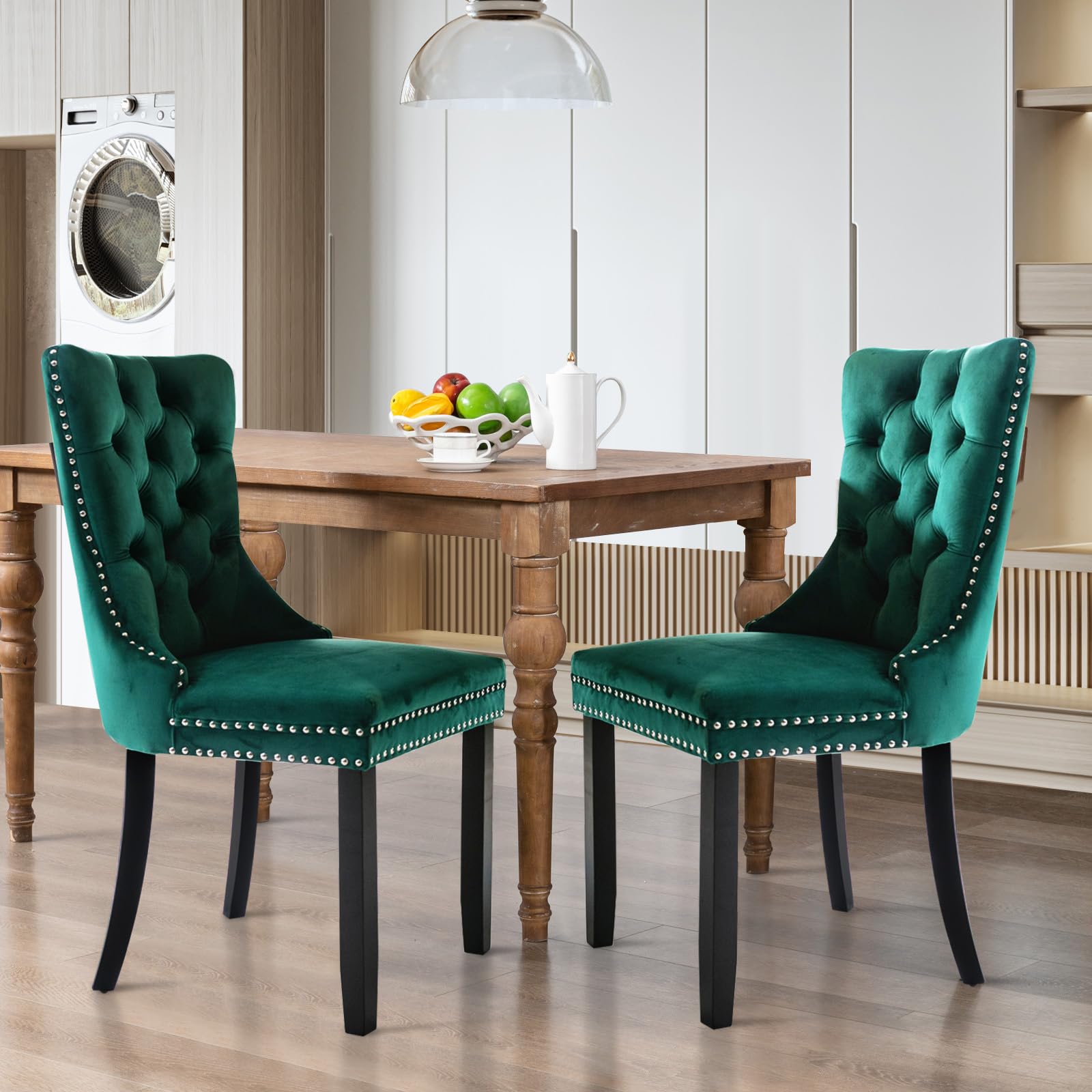 SoarFlash Velvet Dining Chairs Set of 2 - Modern Upholstered High Back Tufted Side Chairs with Button Back Ring & Solid Wood Legs, Green Velvet - Perfect for Dining Room, Kitchen, Breakfast Nook & Home Decor