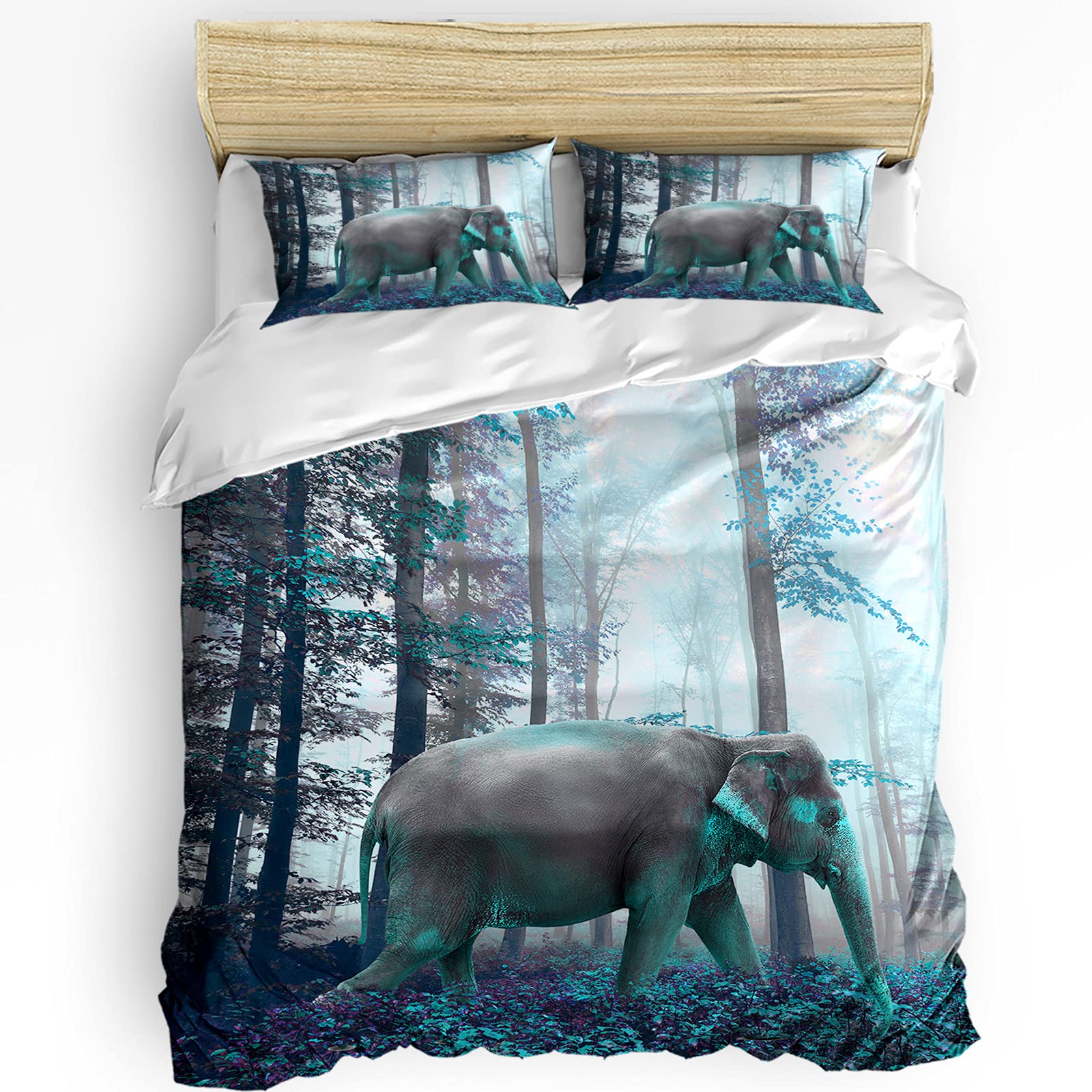 Premium Queen Duvet Cover Set - Elephant Print Autumn Thanksgiving Theme in Teal Green - Soft Comforter Cover with 2 Pillowcases for Teens, Kids & Adults | Perfect for Cozy Bedrooms, Guest Rooms & Dorm Decor