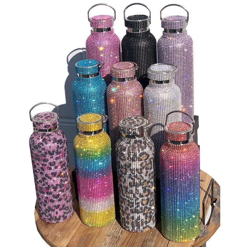 Sparkling Diamond Rhinestone Stainless Steel Insulated Water Bottle - 17oz Glitter Vacuum Flask for Women, Girls | Keeps Drinks Hot/Cold 12+ Hours | Perfect for Gym, Yoga, Hiking & Outdoor Activities (Colorful)