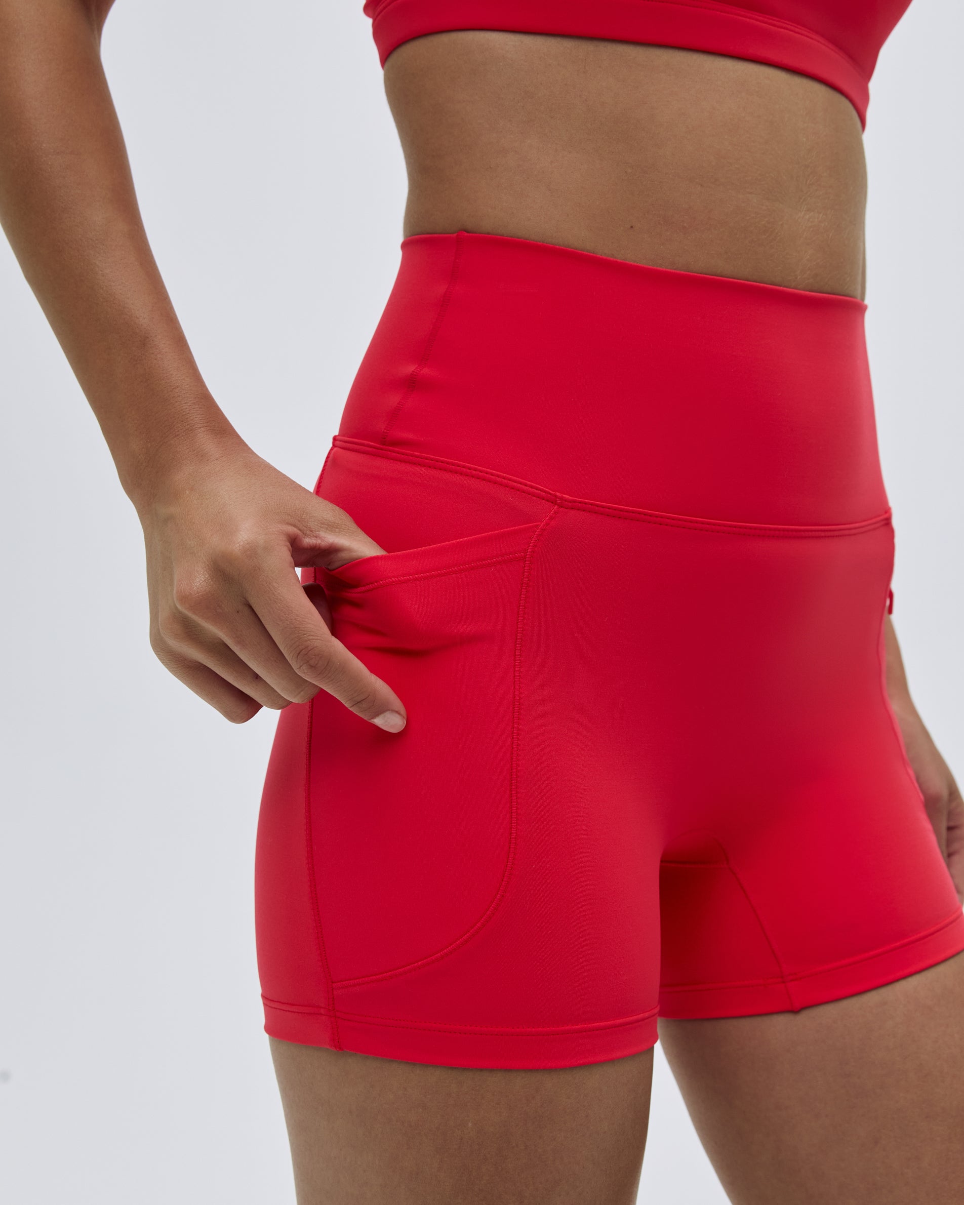 Ultimate Ultra Crop Pocket Shorts for Women - Apple Red | High Waisted Stretch Denim Shorts | Perfect for Summer, Beach, and Casual Outings