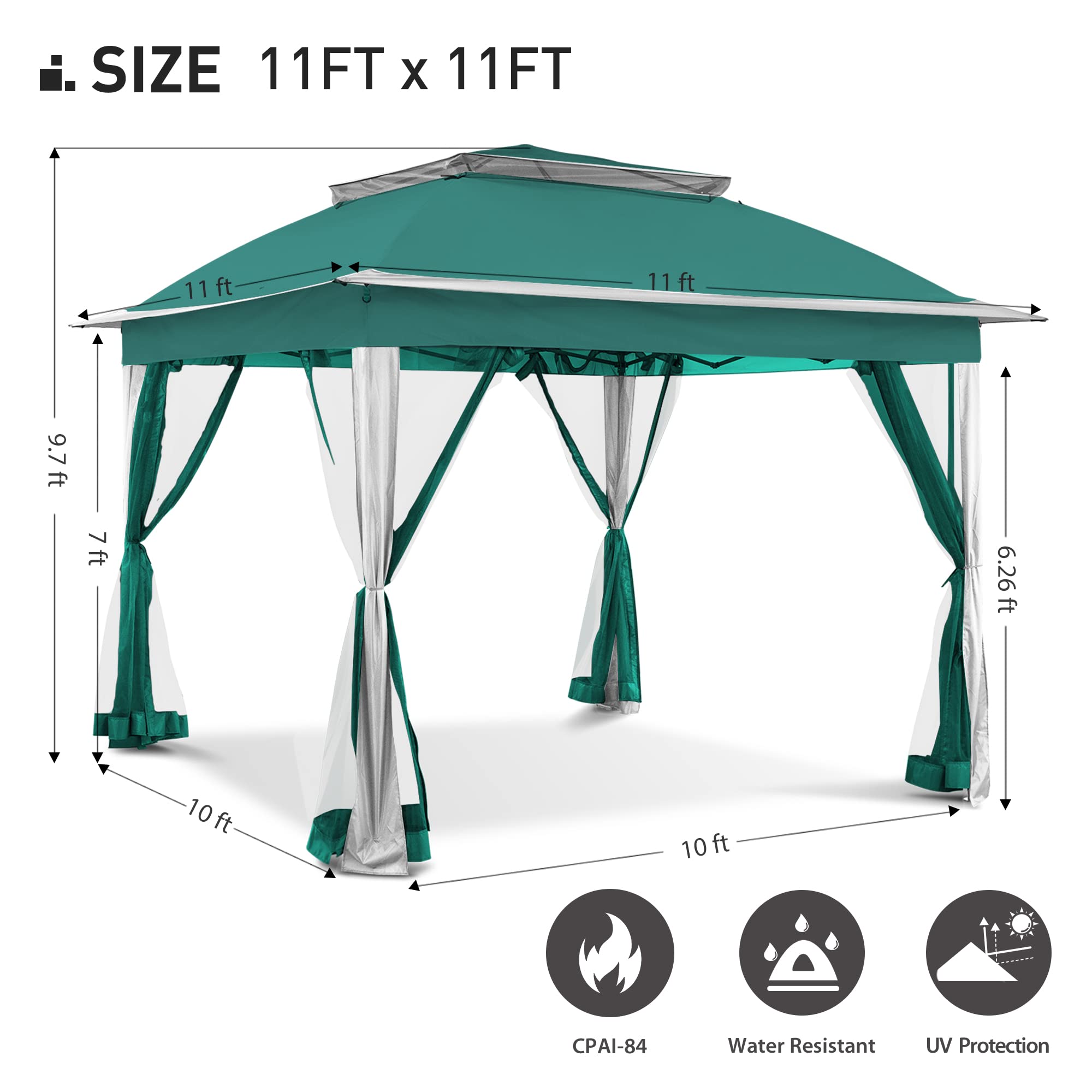 Joyside 11'x11' Pop Up Gazebo with Mosquito Netting & Sidewalls - Portable Outdoor Canopy Tent for Patios, Backyards, Weddings & Camping (Green)
