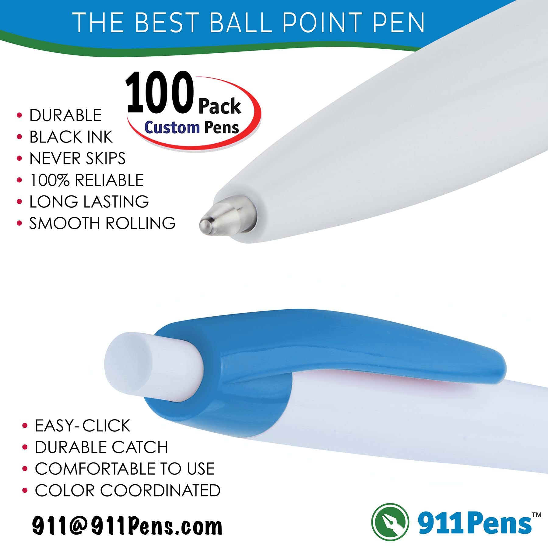 100 Custom Printed Light Blue Ballpoint Pens - Personalized with Your Logo & Text - USA Made - Bulk Promotional & Office Writing Pens for Business Gifts, Events & Branding