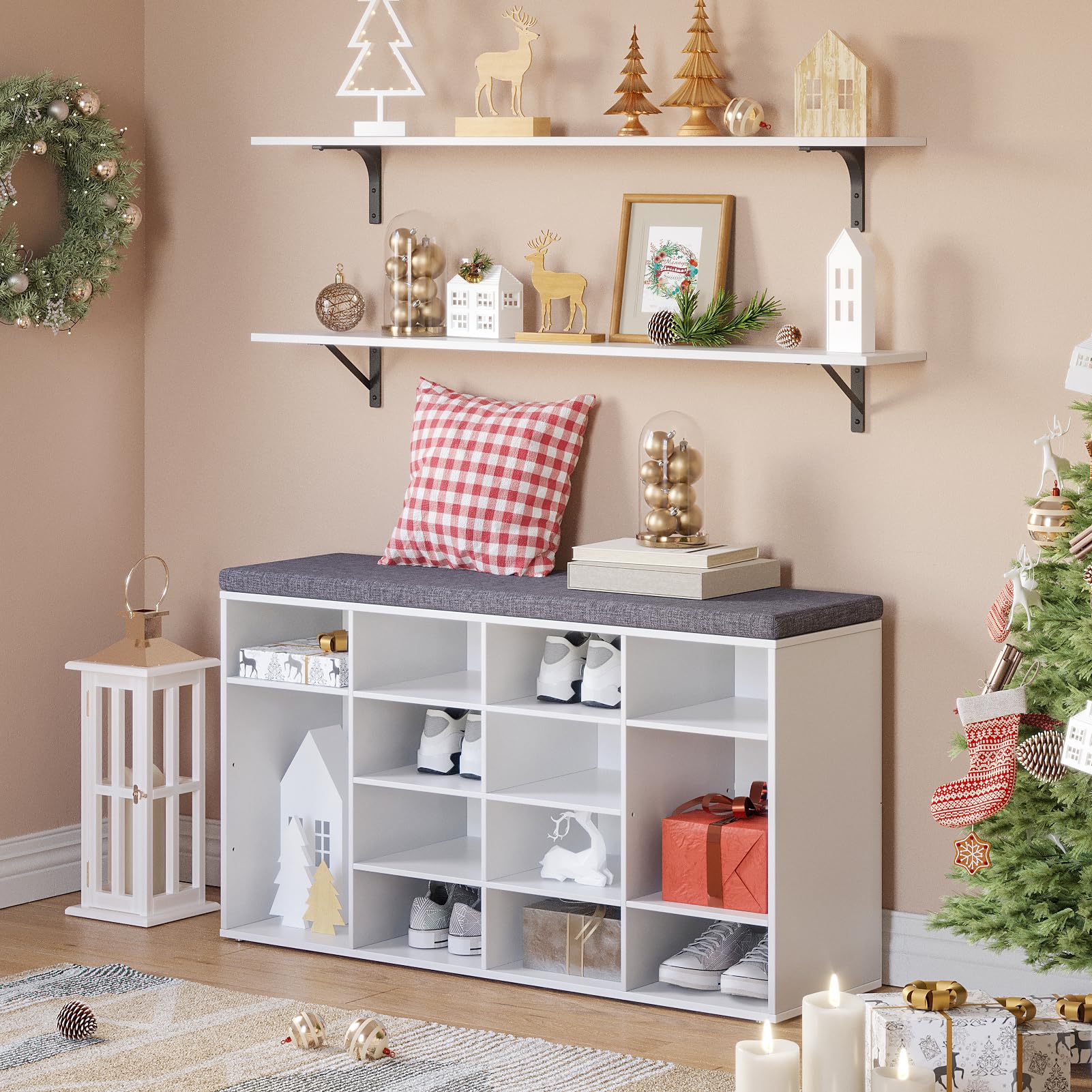 DINZI LVJ 16-Cubby Shoe Storage Bench with Cushion, Adjustable Shelves, Multifunctional Entryway Organizer - Perfect for Mudroom, Hallway, Living Room, Bedroom & Garage (White) | Space-Saving Shoe Rack & Seating Solution for Home Organization