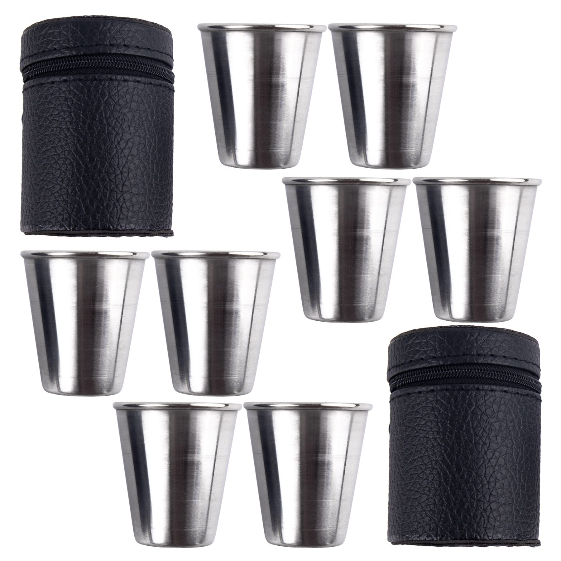 8 Pack 2oz Stainless Steel Shot Glasses with Leather Carry Case - Durable Whiskey Shot Cups for Bars, Parties & Outdoor Adventures - Perfect for Bourbon, Tequila & Cocktail Tasting