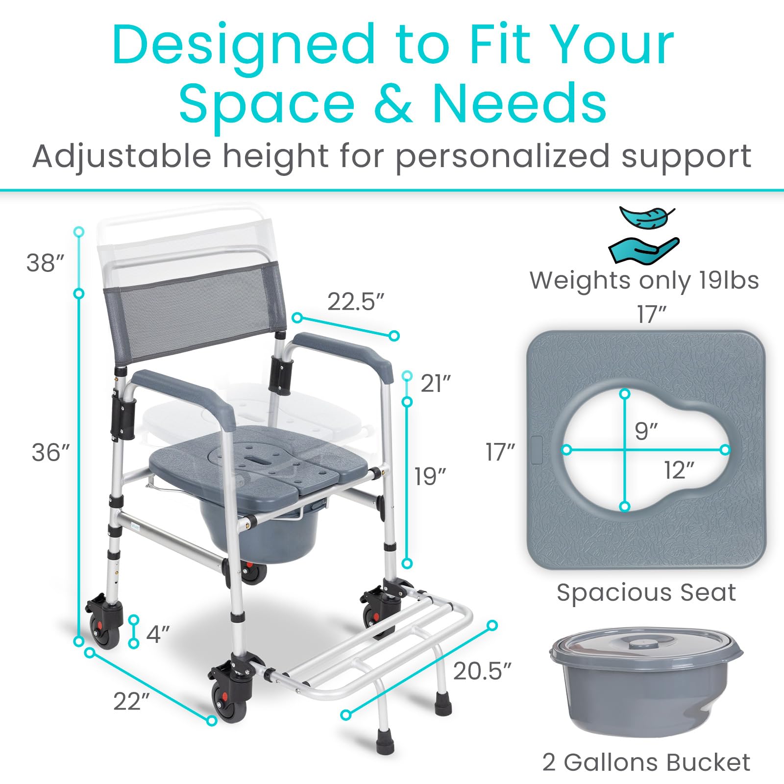Vive Commode Shower Chair with Wheels - Adjustable Height Rolling Toilet Seat for Elderly, Disabled & Seniors - Bathroom Safety Transfer Chair with Arms, Non-Slip Footrest & Removable Bucket - Ideal for Home Care, Assisted Living & Mobility Assistance