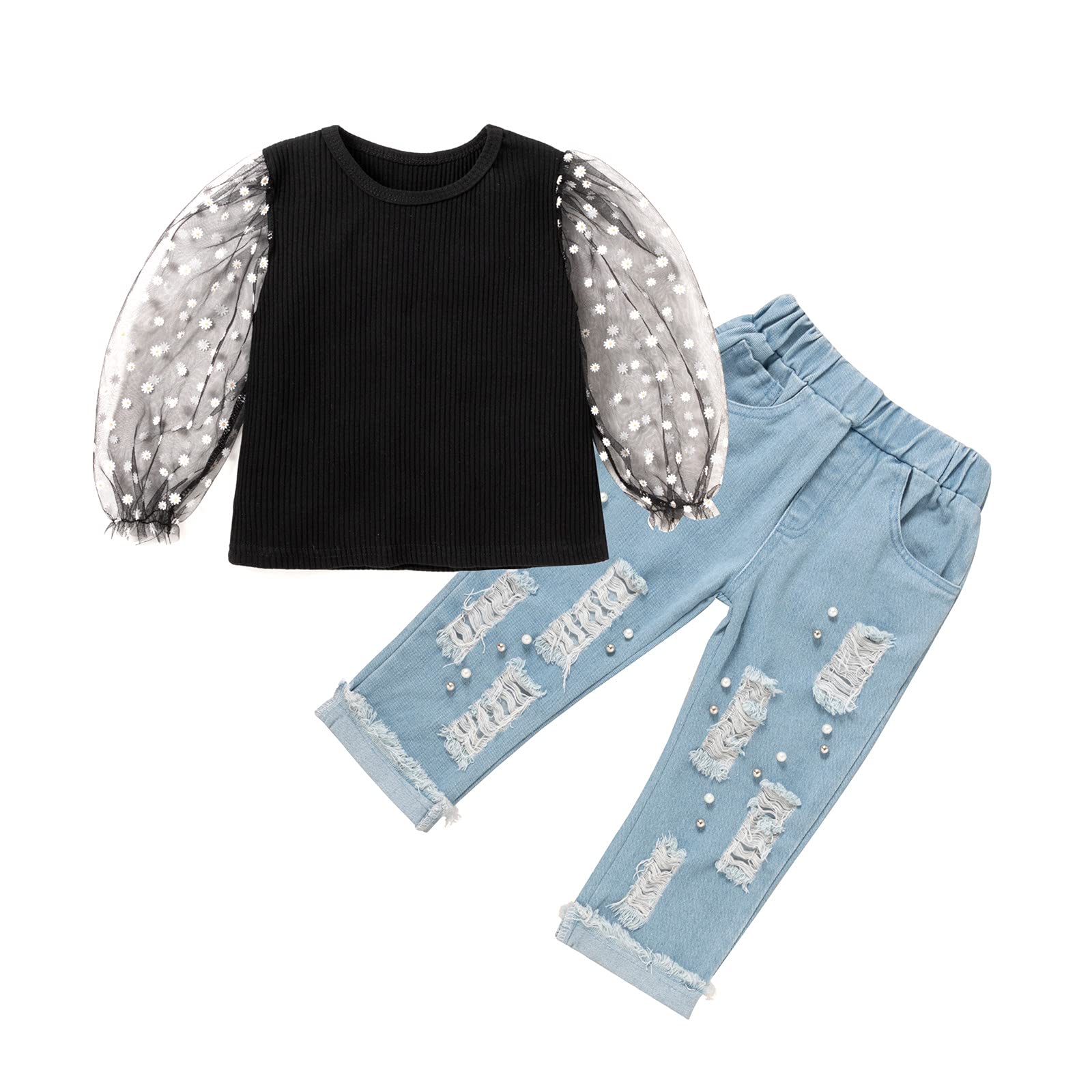 Baby Girls Ribbed Sunflower T-Shirt & Denim Jeans Outfit Set - Toddler Casual Clothes for Winter - Perfect for Playdates, Family Photos & Holiday Gatherings