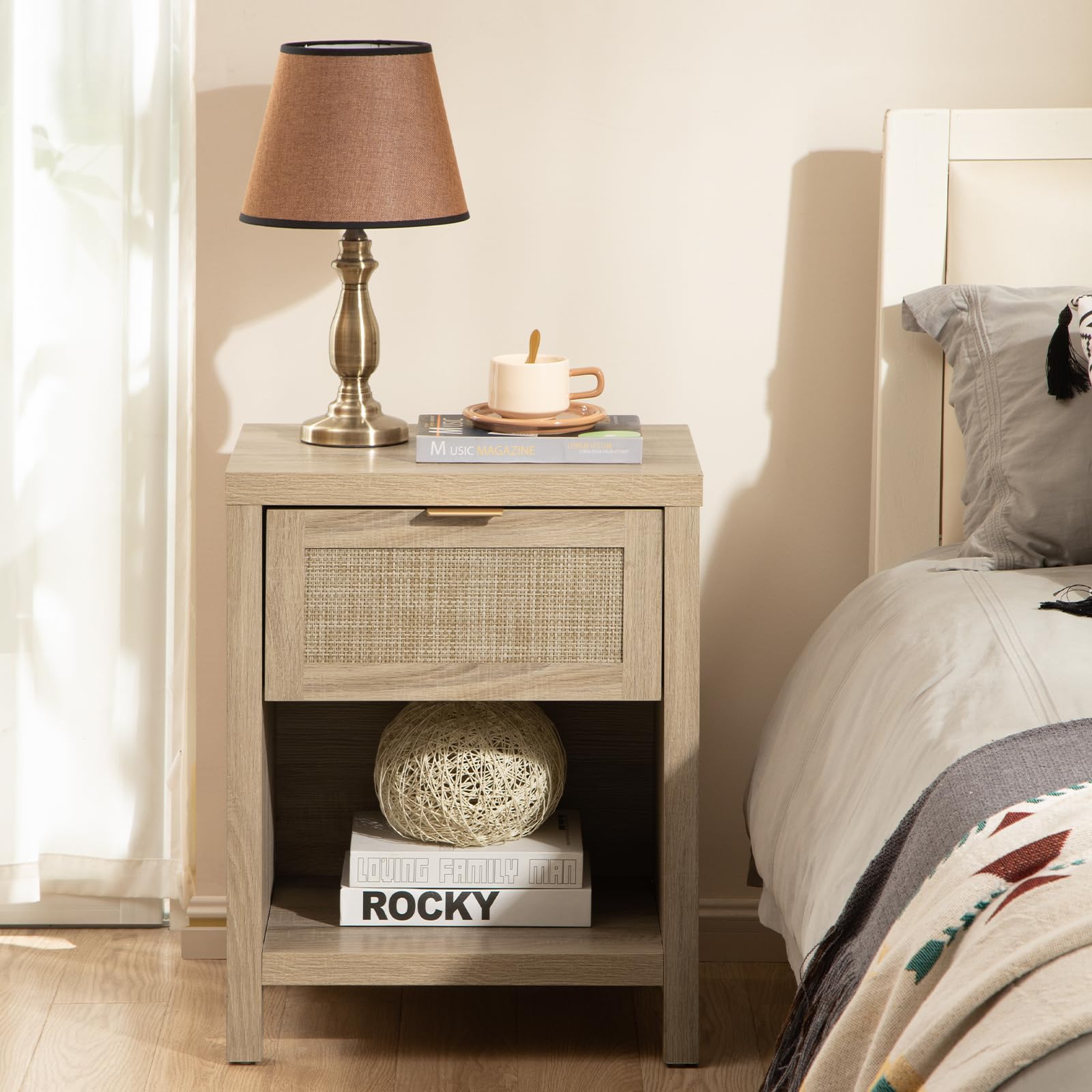 SICOTAS Rattan Night Stands - Farmhouse Boho End Side Table with Drawer & Open Shelf, Light Oak Bedside Table for Bedroom - Perfect for Small Spaces, Guest Rooms & Cozy Home Decor