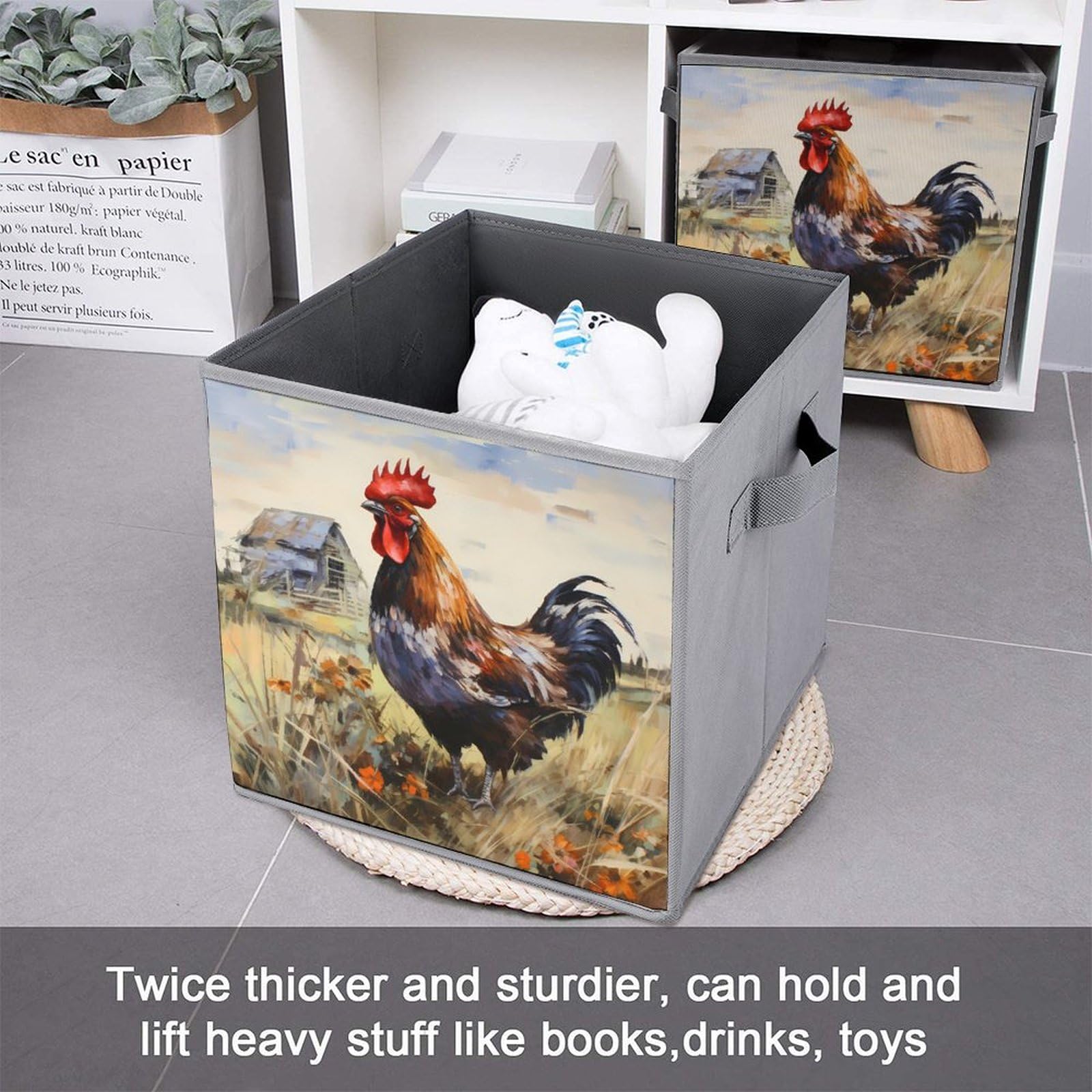 Foldable Storage Cubes with Handles - 6 Pack Watercolor Rooster Design Fabric Organizer Bins for Closet, Nursery, Office & Home Organization