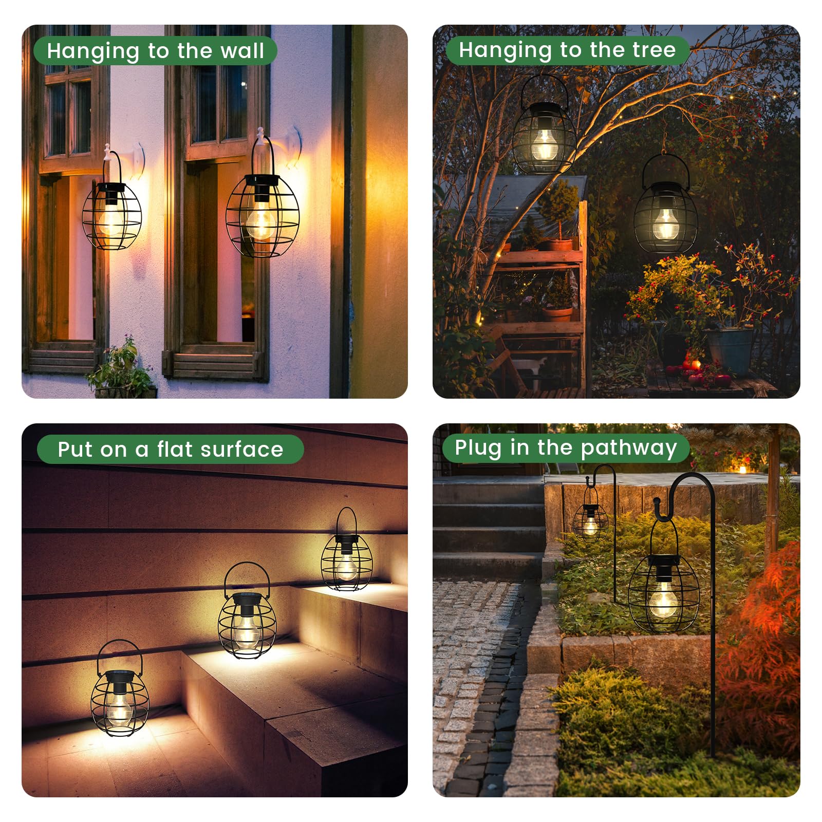Shumi 2 Pack Solar Hanging Lanterns - Waterproof Metal Outdoor Solar Lights for Garden, Yard, Patio, Pathway & Tabletop Decoration - Solar Powered LED Lanterns for Romantic Ambiance, Evening Parties & Outdoor Dining