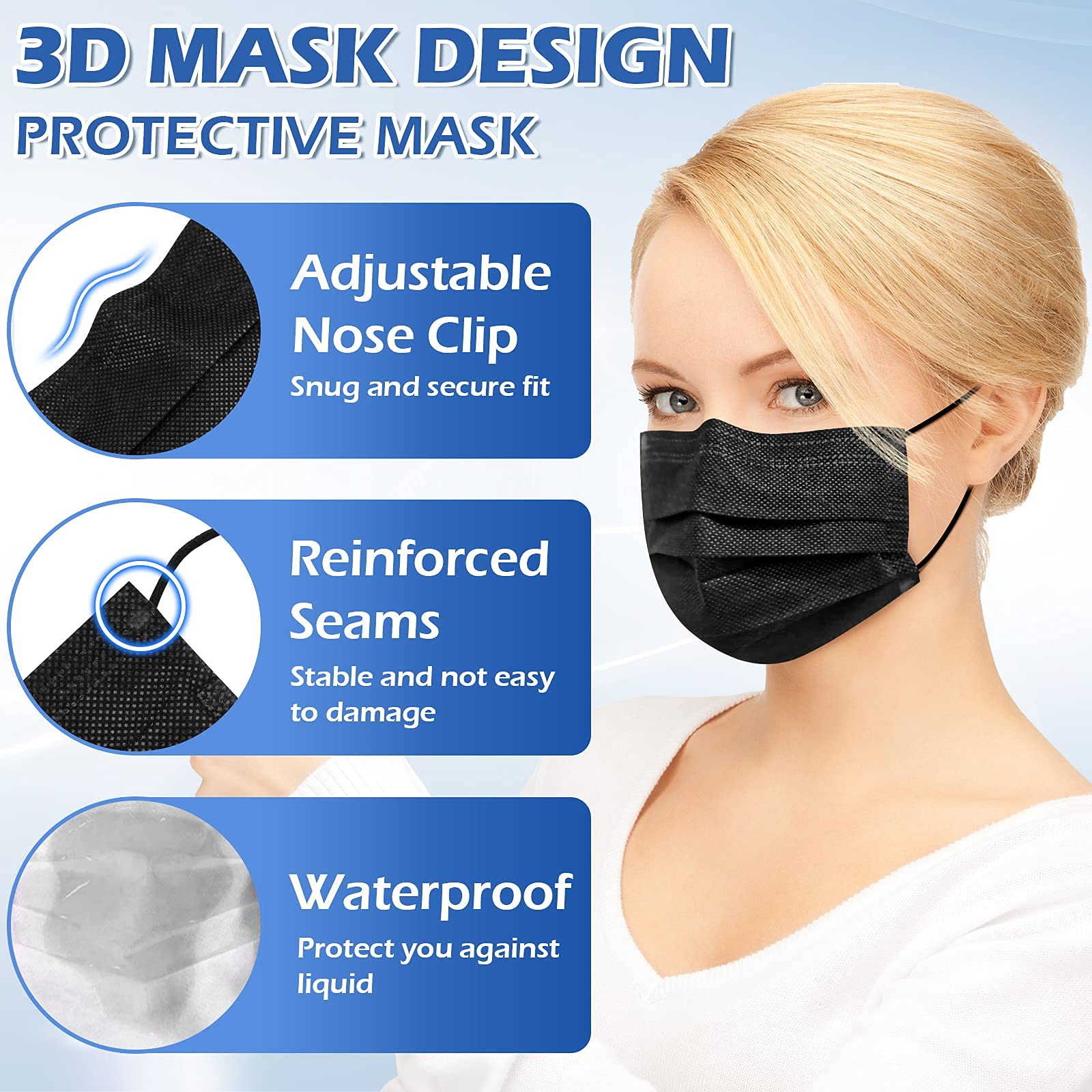 XDX Black Disposable Face Masks 50 Pack - 4 Layer Individually Wrapped Breathable Masks for Women & Men | Perfect for Daily Commute, Office Work, and Public Safety Protection