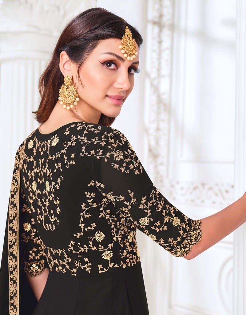 Black Myanmar Georgette Pant Anarkali - Elegant Long Dress for Women | Perfect for Weddings, Parties & Festive Occasions