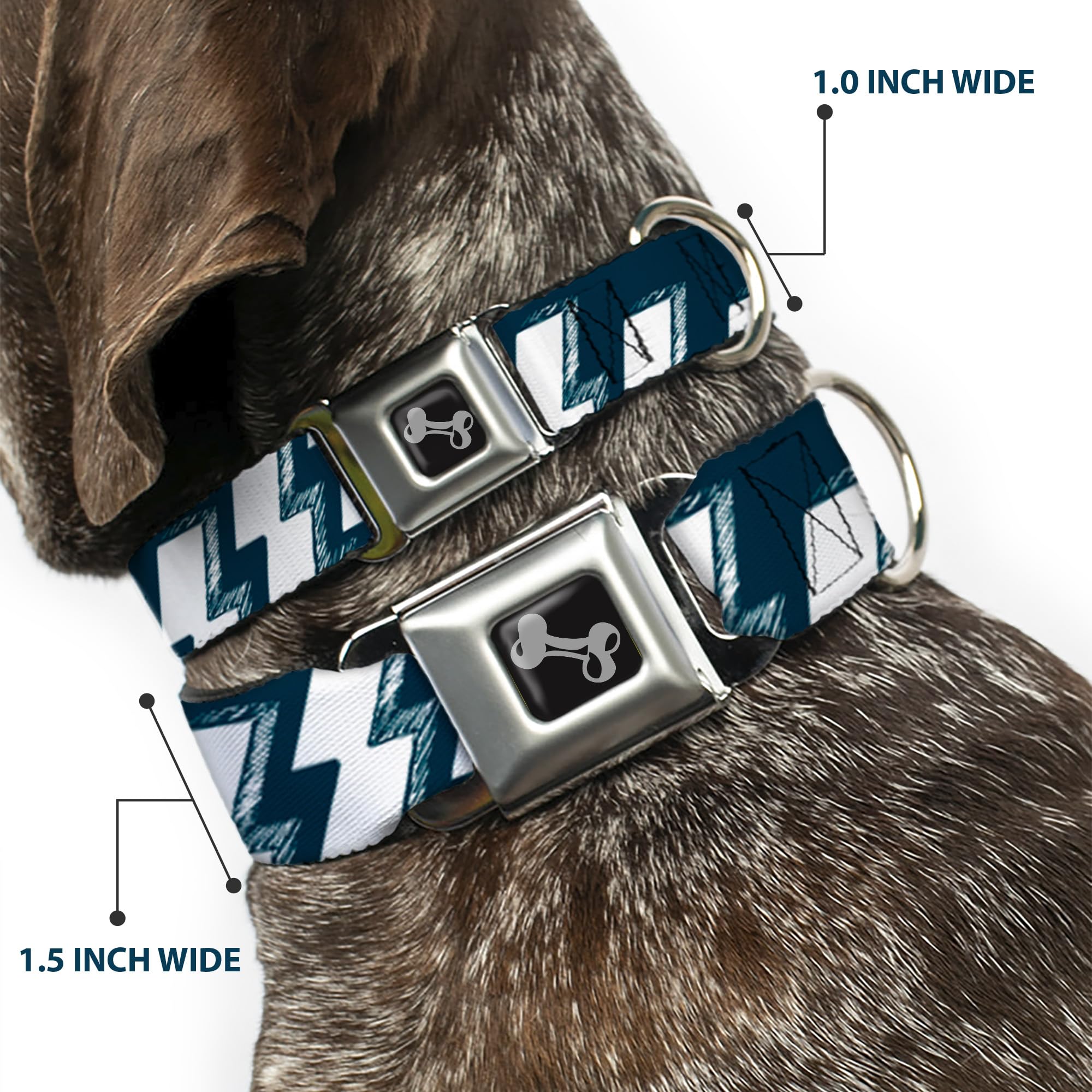 Buckle-Down Dog Collar with Seatbelt Buckle - Navy & White Lightning Design for Large Dogs (15-26