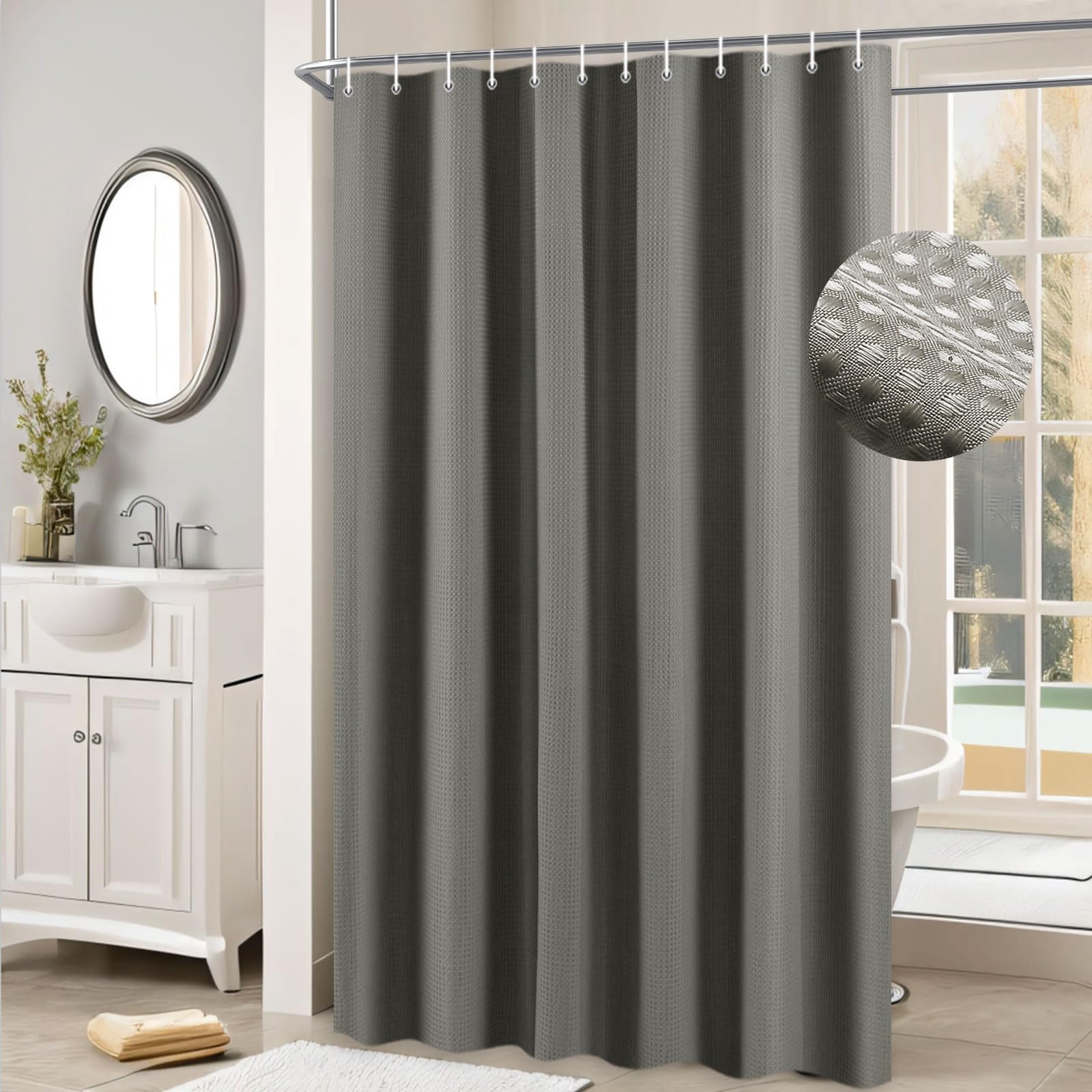 Premium Grey Waffle Weave Shower Curtain - Hotel Quality Bathroom Fabric with 12 Hooks, 72x72 Inch, Machine Washable for Home & Spa Use