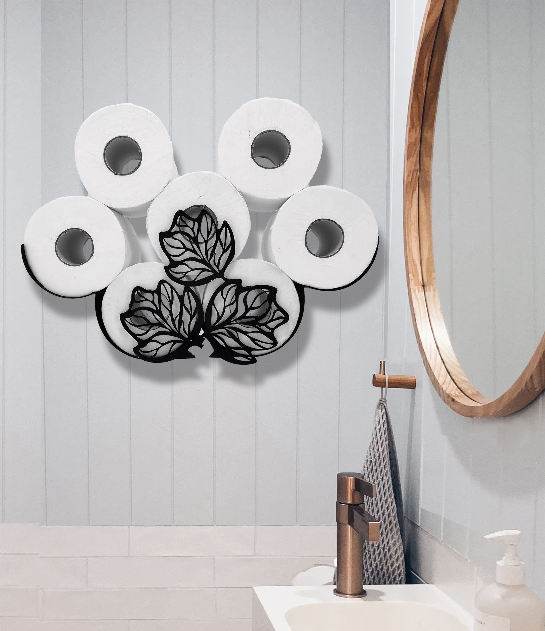 Black Metal Leaves Wall-Mounted Toilet Paper Holder - Animal Decorative Tissue Storage Organizer for Bathroom - Holds 8 Extra Rolls - Perfect for Home, Apartment, and RV Bathroom Decor
