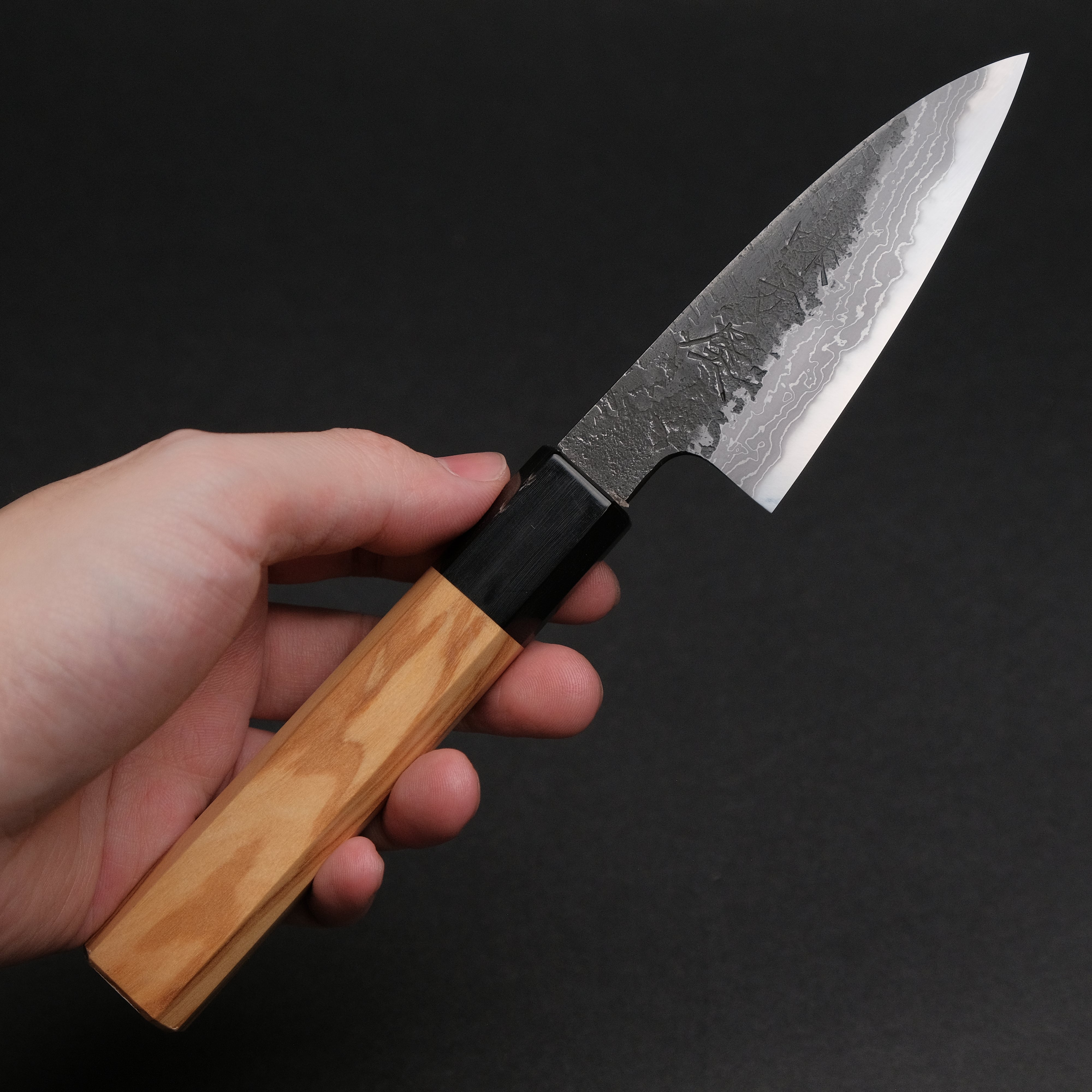 Ajikataya White #2 Nashiji Damascus Petty Knife 85mm - Olive Wood & Buffalo Horn Handle - Perfect for Slicing, Peeling & Precision Kitchen Tasks
