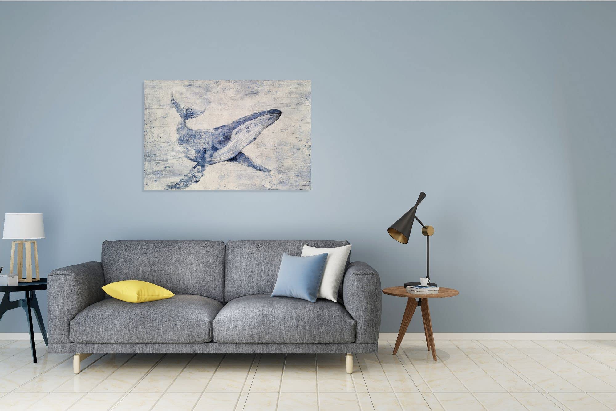 Hand Painted Blue and White Abstract Whale Canvas Wall Art - Modern Coastal Animal Painting for Living Room, Bedroom, Bathroom Decor | Perfect for Beach House, Nursery & Office Wall Decoration