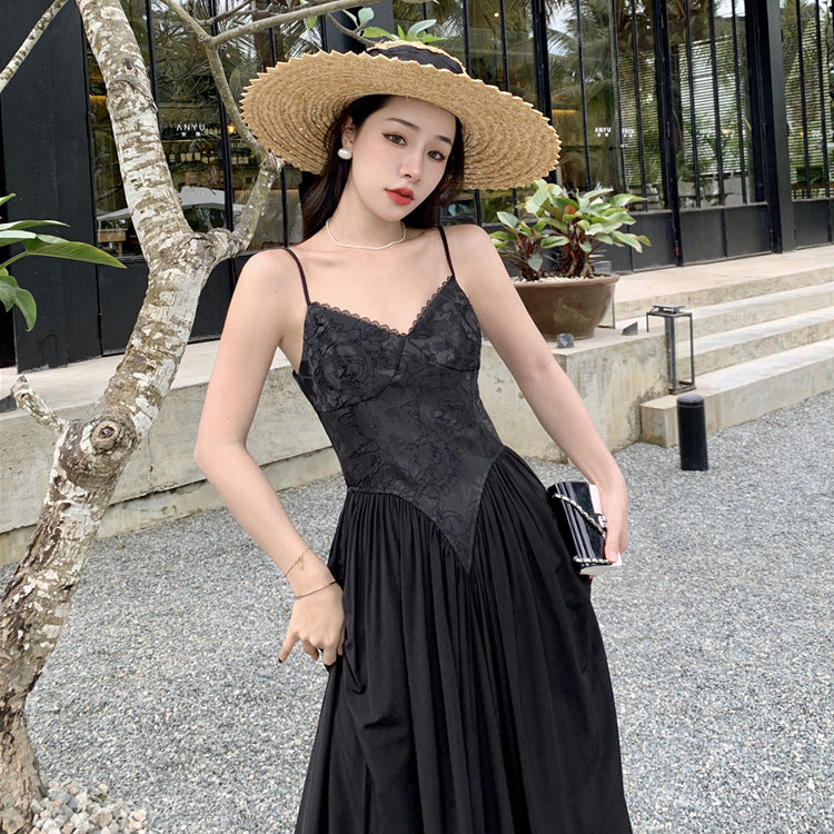 French Style Black Spaghetti Strap Dress - High Waist Retro Long Skirt for Women | Elegant Evening Wear, Summer Party Dress, Vintage Fashion Outfit