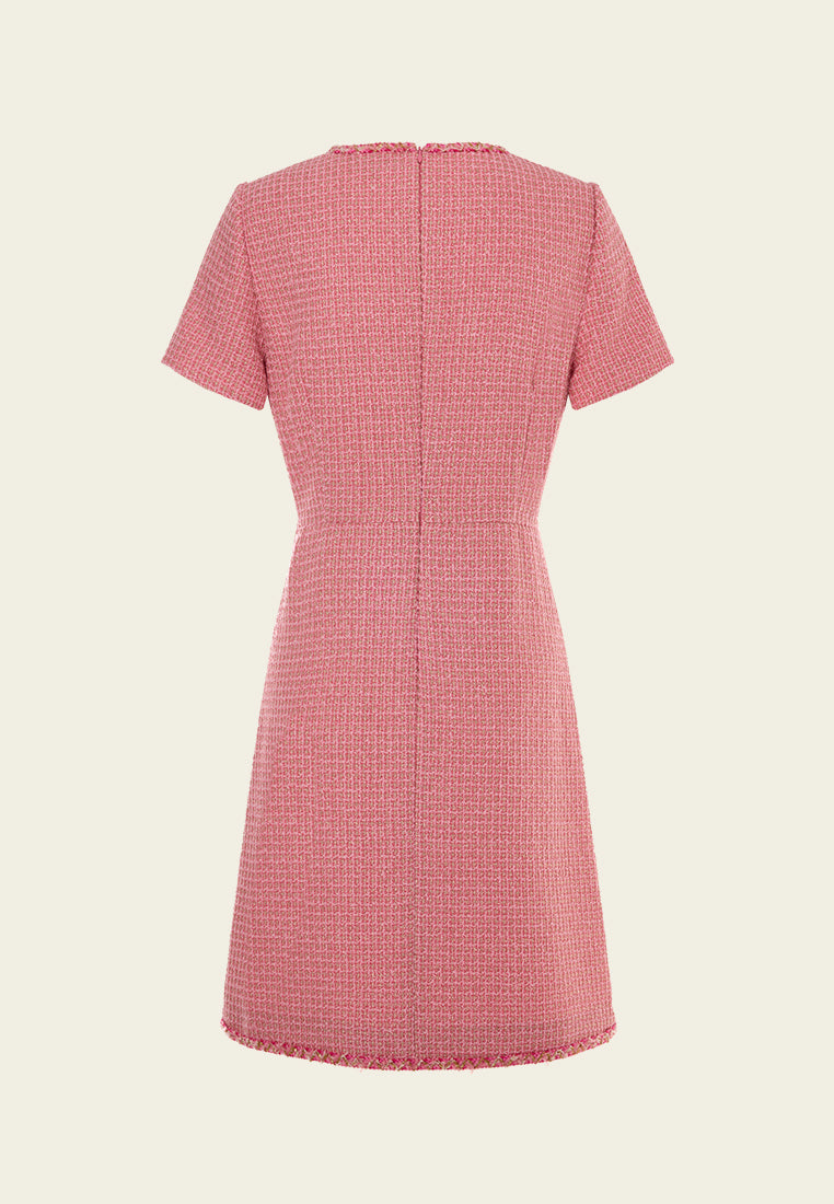 Stylish Crew Neck Frayed Trim Lurex Detail Tweed Midi Dress for Women | Elegant Party & Cocktail Wear | Perfect for Evening Events, Date Nights & Special Occasions