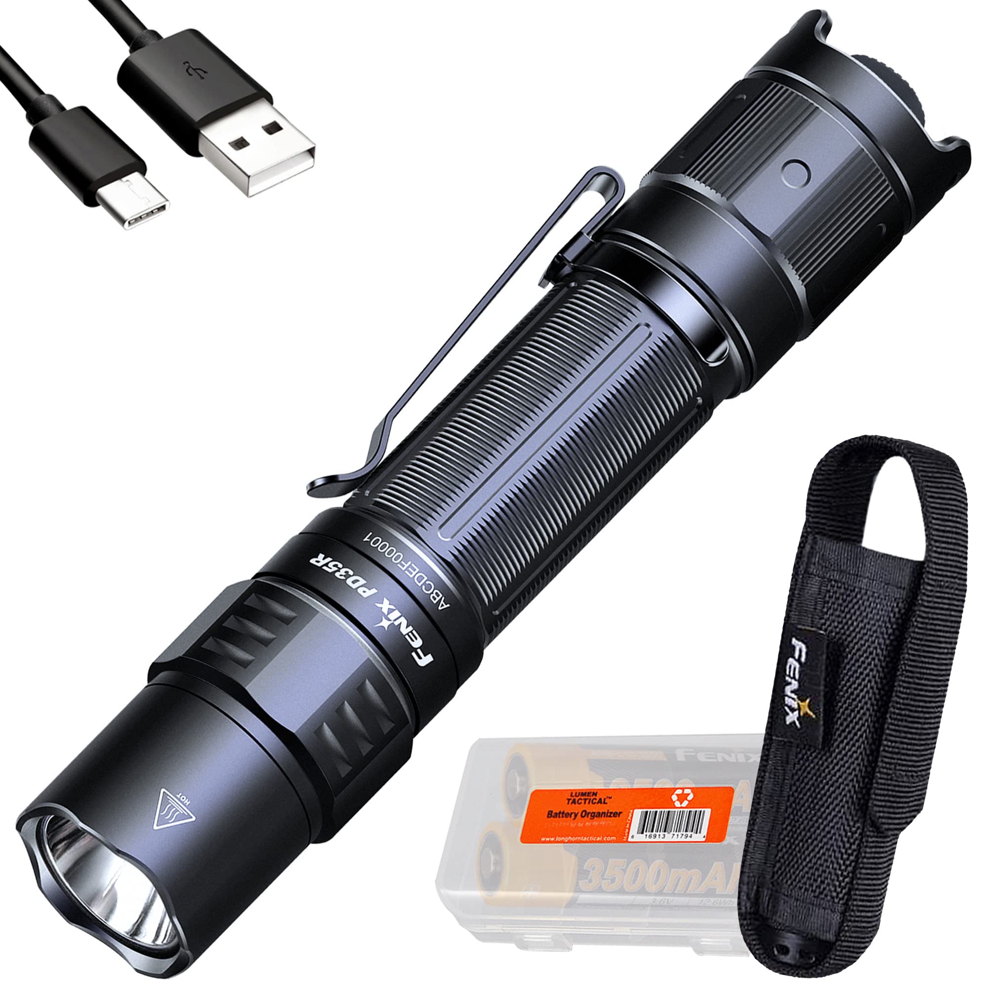 Fenix PD35R USB-C Rechargeable Tactical Flashlight - 1700 Lumens High Power, Includes 2 Batteries & LumenTac Case - Perfect for Camping, Hiking, Emergency and Outdoor Adventures