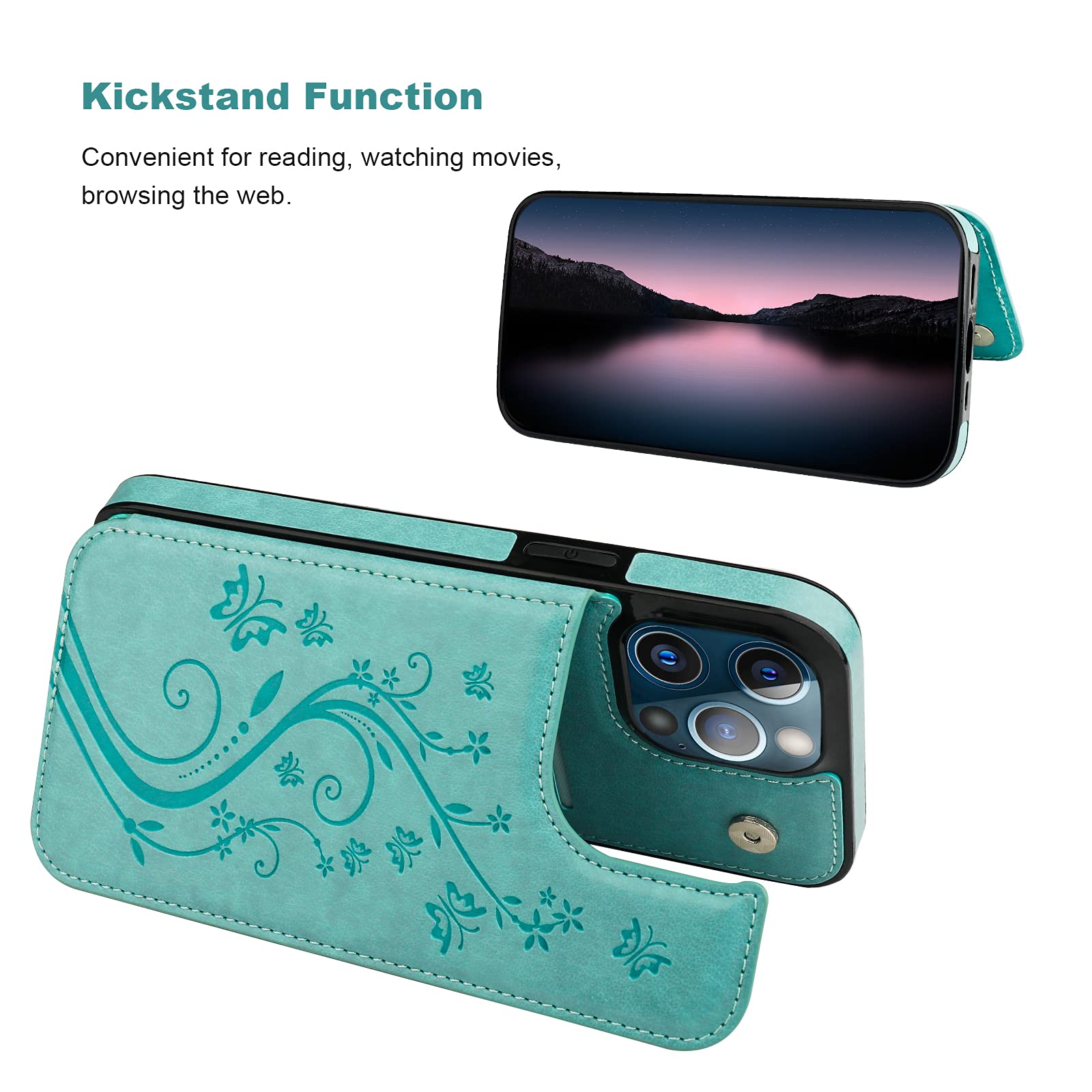 Vaburs iPhone 13 Pro Max Wallet Case with Card Holder - PU Leather Flip Cover with Embossed Butterfly Design, Magnetic Car Mount Compatible, Shockproof Protection for 6.7