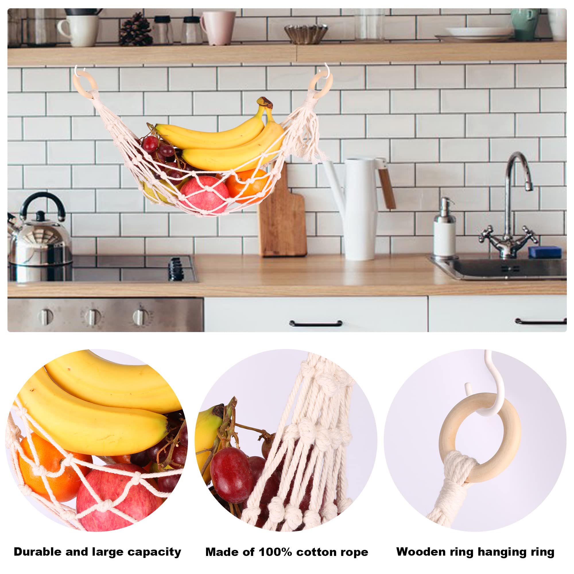 Handwoven Macrame Fruit Hammock with Hooks - Under Cabinet Hanging Storage for Kitchen - Perfect for Organizing Bananas, Vegetables & Fruits - Ideal for Kitchen Decor & Small Space Organization