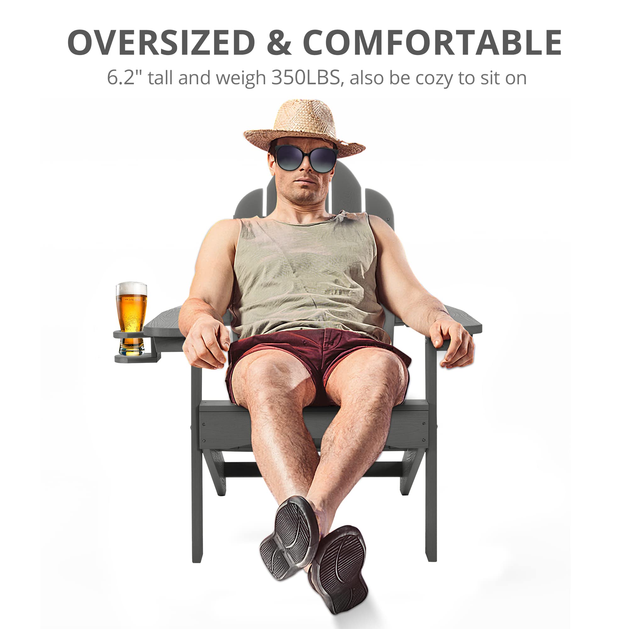 LUE BONA HDPS Adirondack Chairs Set of 2 - Weather-Resistant Outdoor Plastic Chairs with Cup Holder for Patio, Deck, Porch - Supports 350LBS - Dark Gray - Perfect for Backyard Relaxation, Campfires, and Garden Lounging