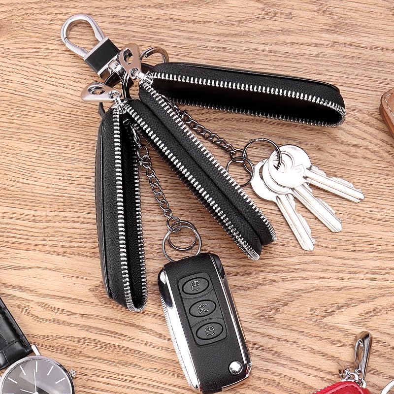Leather Keychain Wallet with Double Zipper & Clear Window - Premium Key Organizer for Car Keys, Coins & Small Essentials - Perfect for Travel, Work & Everyday Carry