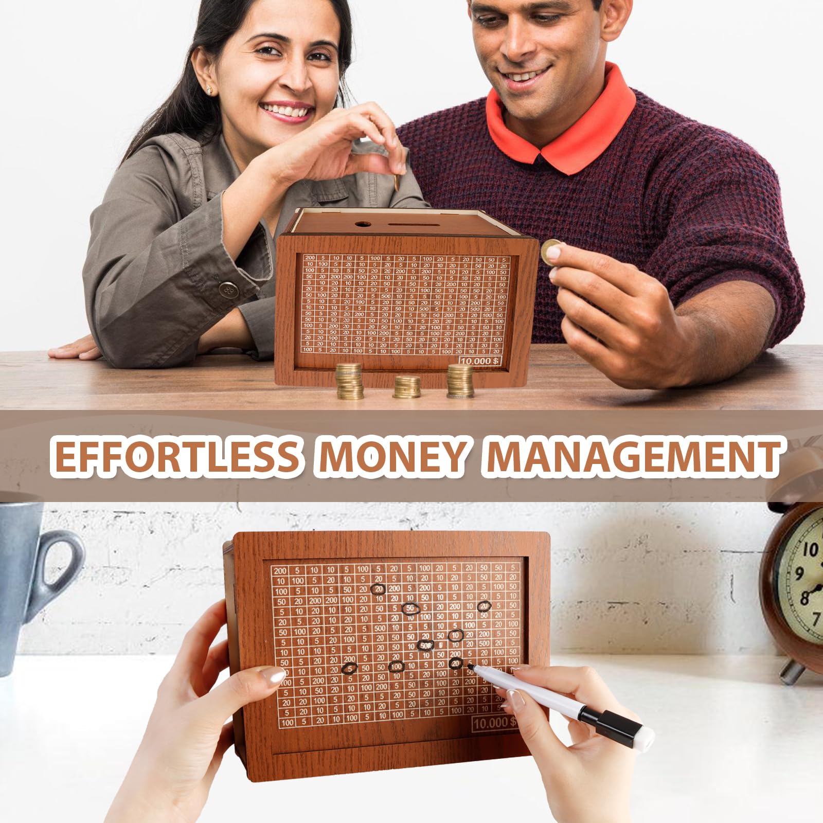 10000 Savings Challenge Box - Wooden Digital Piggy Bank with Coin Slot | Money Saving Box for Budgeting & Cash Vault | Perfect for Kakeibo Method, Financial Goals & Home Office Savings