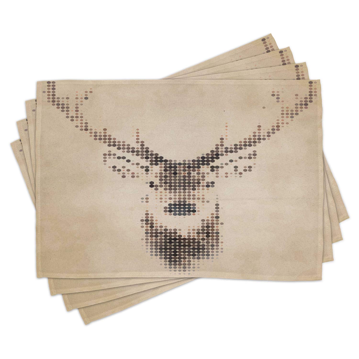 Ambesonne Deer Place Mats Set of 4 - Vintage Retro Style Deer Portrait with Digital Dots & Geometric Circles - Washable Fabric Table Mats for Dining Room, Kitchen Decor in Cream Brown - Perfect for Holiday Dinners, Family Gatherings & Rustic Home Decor