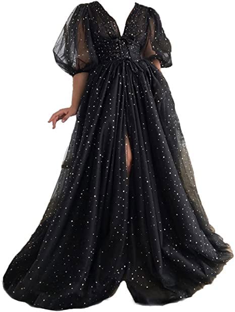 Sparkly Starry Tulle A-Line Prom Dress with Puffy Sleeves & High Slit for Women | Elegant Evening Ball Gown | Perfect for Prom Night, Homecoming, Wedding & Special Occasions